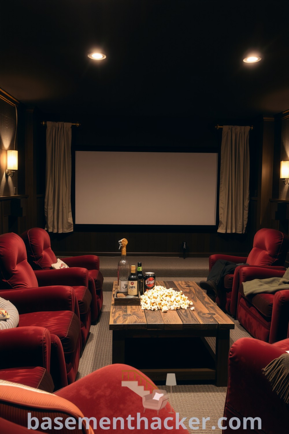 Inviting basement theater with velvet seating, dim lighting, large screen, rustic coffee table with snacks, and warm decor for ultimate entertaining, showcased on basementhacker.com.