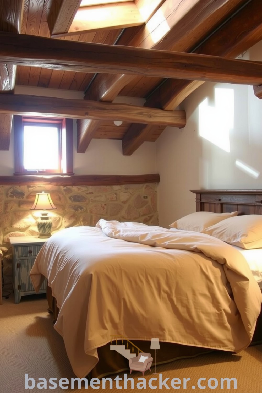 Cozy basement master bedroom featuring rustic wooden beams, exposed stone walls, plush oversized bed, and vintage dresser, designed for a stylish and functional home design, showcased on basementhacker.com.