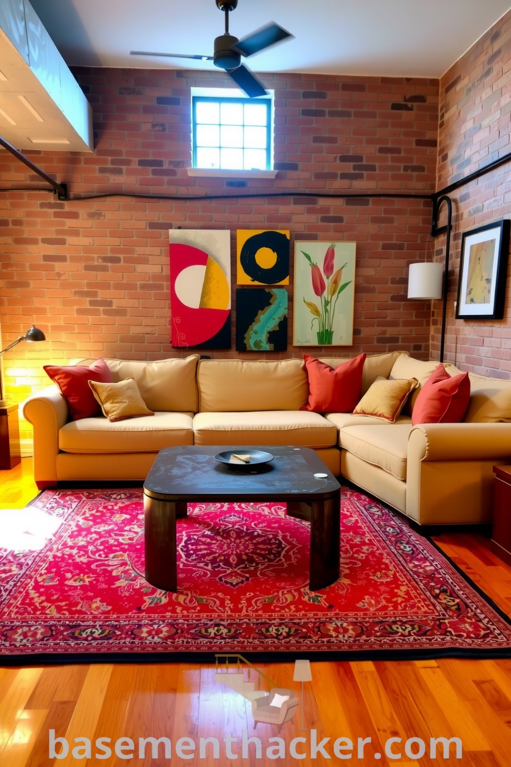 Cozy basement living room featuring an oversized couch, exposed brick walls, wooden floor, and vibrant area rug, designed for stylish and functional home design, showcased on basementhacker.com.