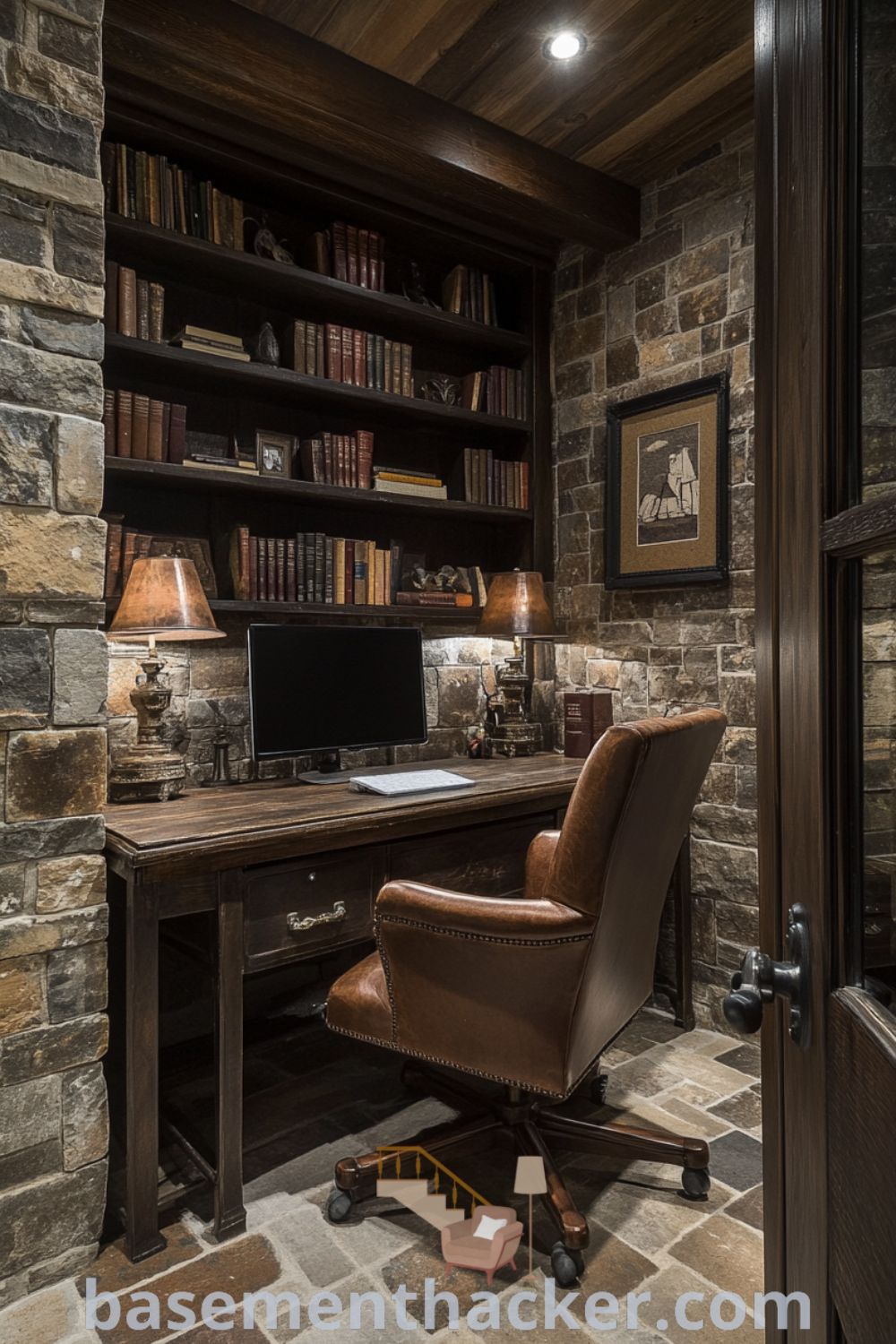 Cozy basement home office with a vintage wooden desk, worn leather chair, and shelves filled with books, featuring warm lighting and stone walls, perfect for productive work or creative pursuits, showcased on basementhacker.com.