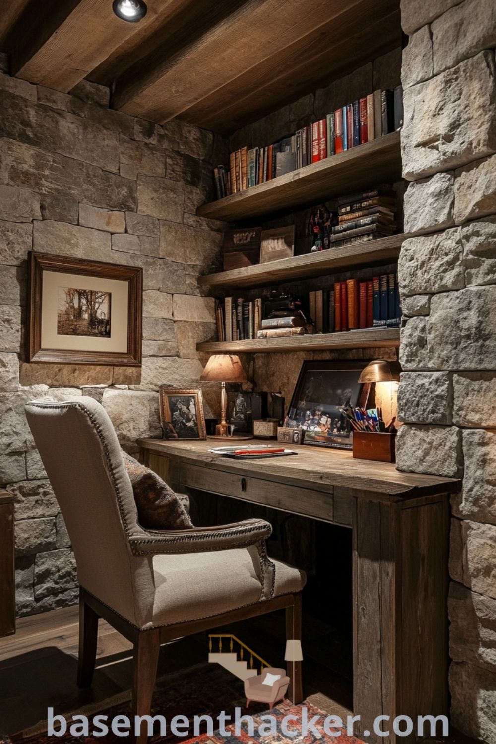 Warm and inviting basement home office with wooden desk, comfortable chair, soft lighting, and stone walls adorned with books and mementos, ideal for innovation and cozy productivity, featured on basementhacker.com.