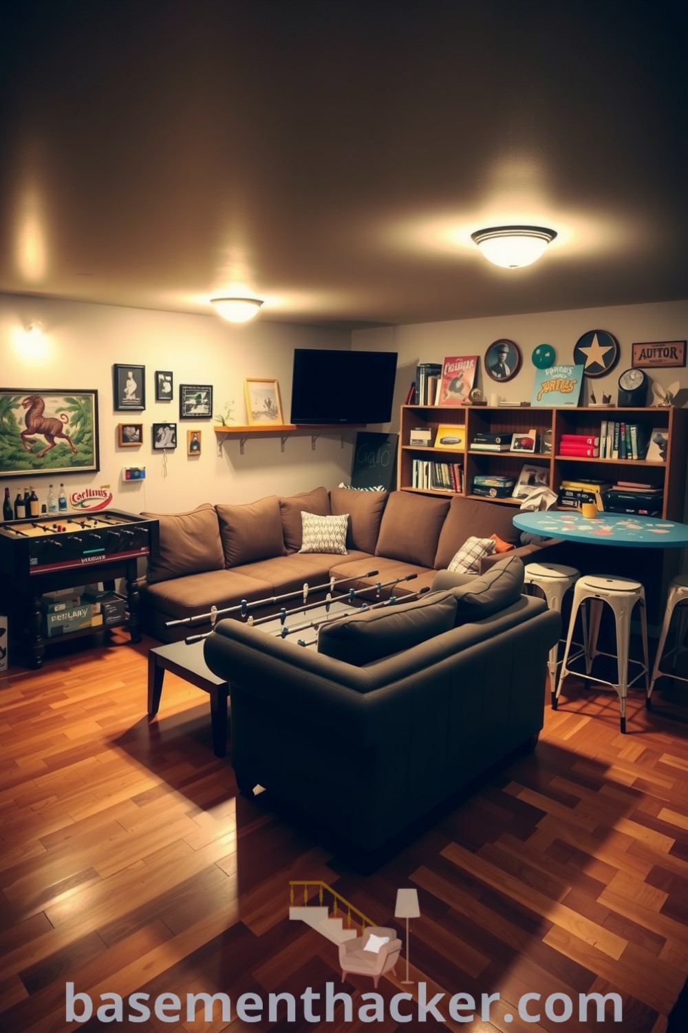 Charming basement game room with warm wood floors, a sectional couch, foosball table, and a cozy bar area, perfect for ultimate entertaining, featured on basementhacker.com.