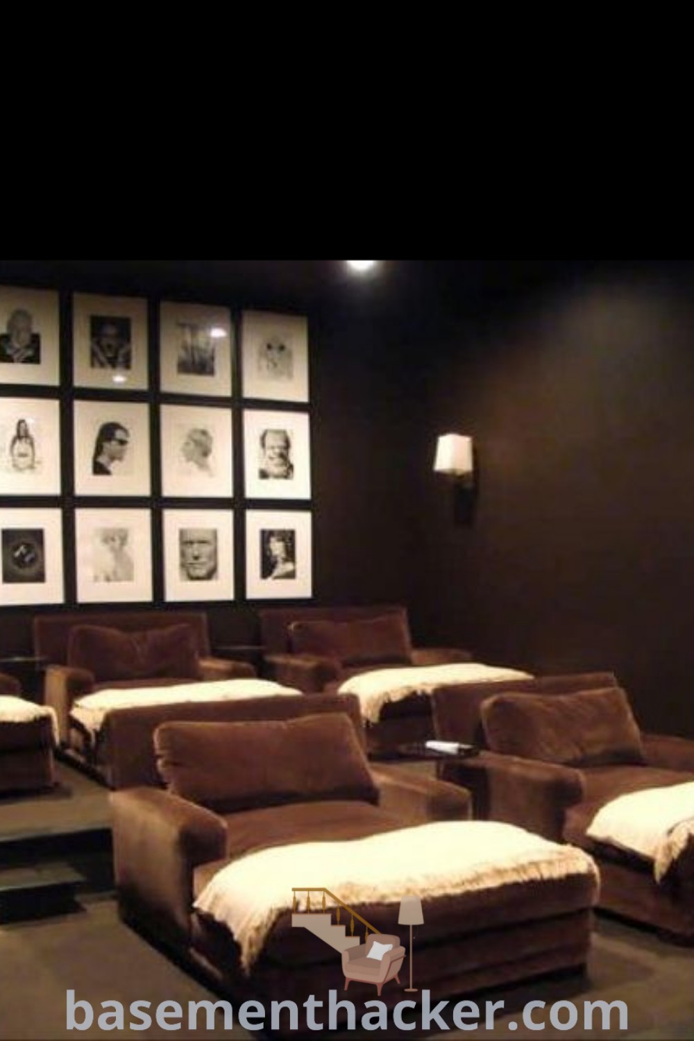 A stylish media room featuring brown couches, sound panels, and decorative pictures on the walls, providing a cozy atmosphere perfect for a home cinema experience. Discover innovative ideas for a stunning basement makeover at basementhacker.com.