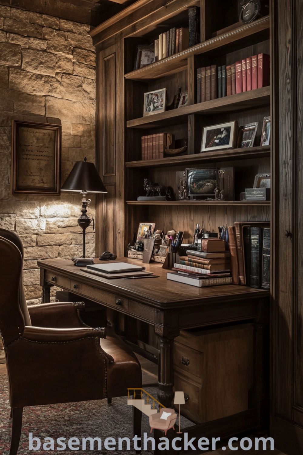 Charming classic-style basement office featuring rich wood paneling, an oak desk with eclectic stationery, and a plush armchair, ideal for a cozy and organized home workspace, presented on basementhacker.com.