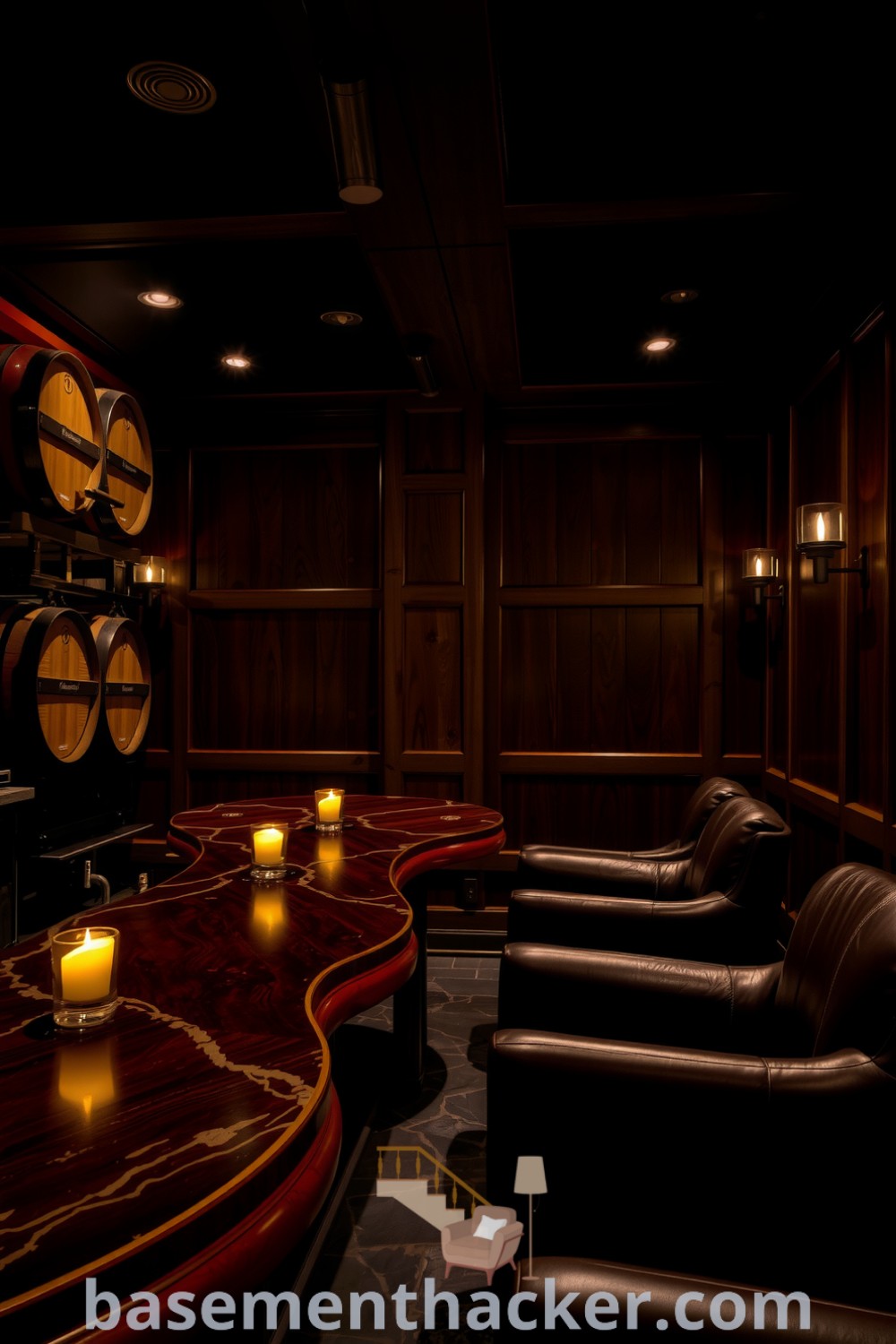 Cozy whiskey lounge with wooden paneling, plush leather armchairs, and aged barrels, offering a warm and inviting atmosphere for ultimate entertaining, featured on basementhacker.com.