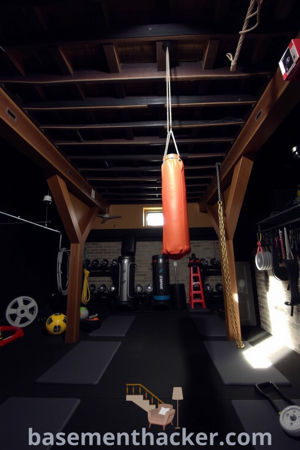 Inviting basement gym featuring wooden beams, rubber mats, a vintage punching bag, and warm natural light, perfect for a stylish and functional home design, presented on basementhacker.com.