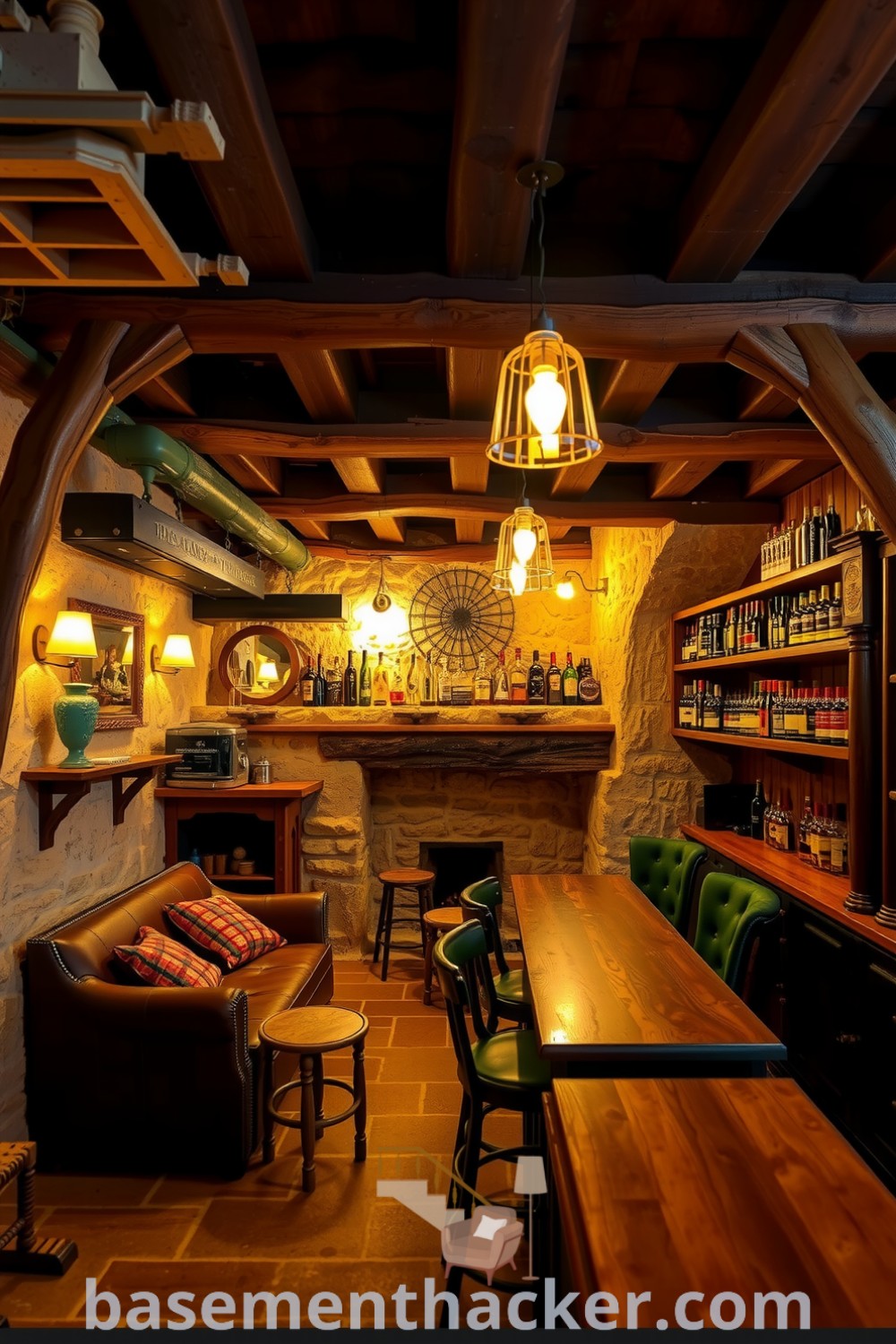 Charming whiskey lounge bar featuring exposed wooden beams, stone walls, amber lighting, and a polished oak counter, ideal for ultimate entertaining and cozy gatherings, showcased on basementhacker.com.
