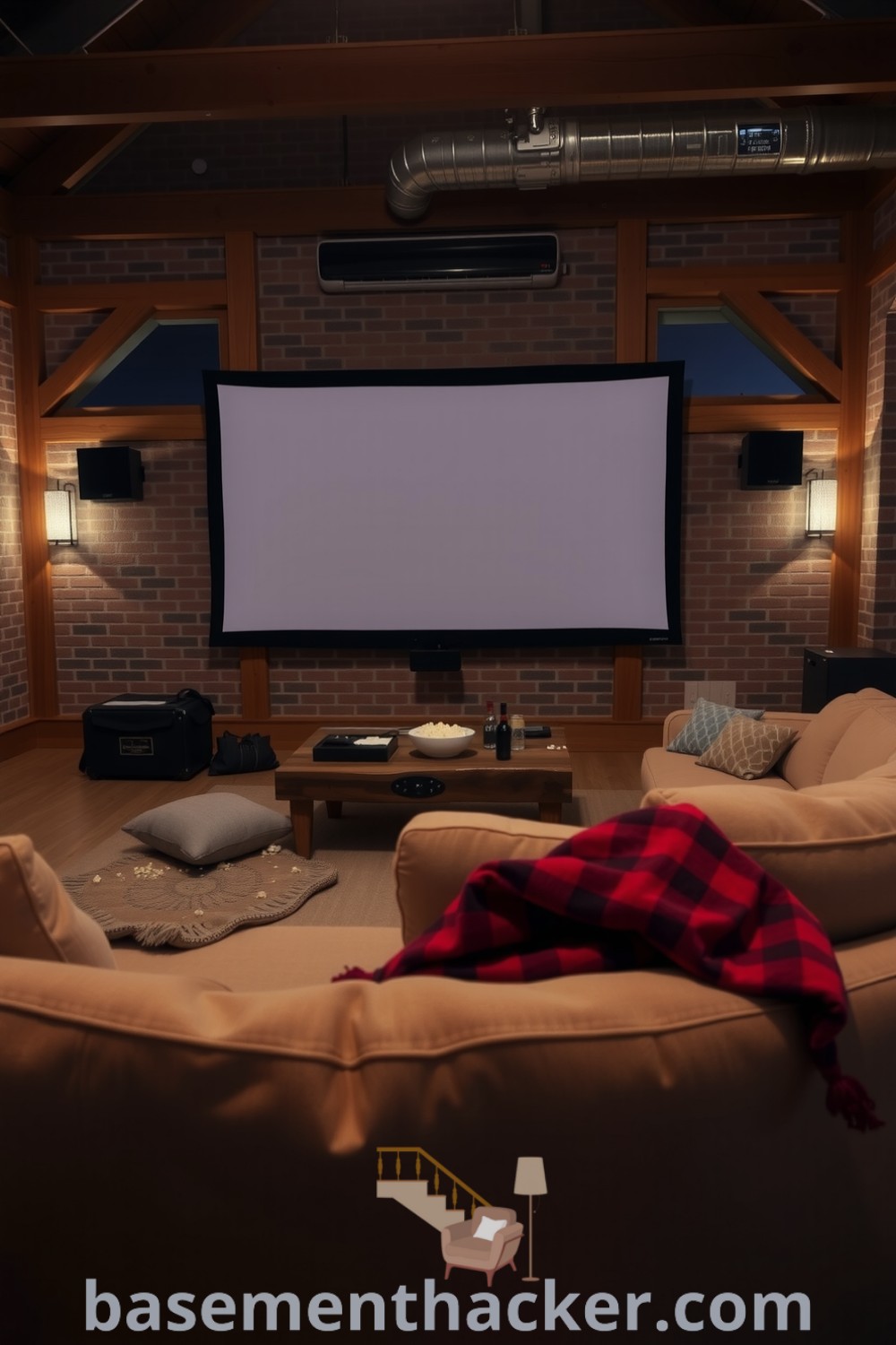 Cozy basement movie room featuring a plush oversized sofa, rustic wooden beams, and warm sconces, perfect for ultimate entertaining and stylish bonus space ideas, showcased on basementhacker.com.