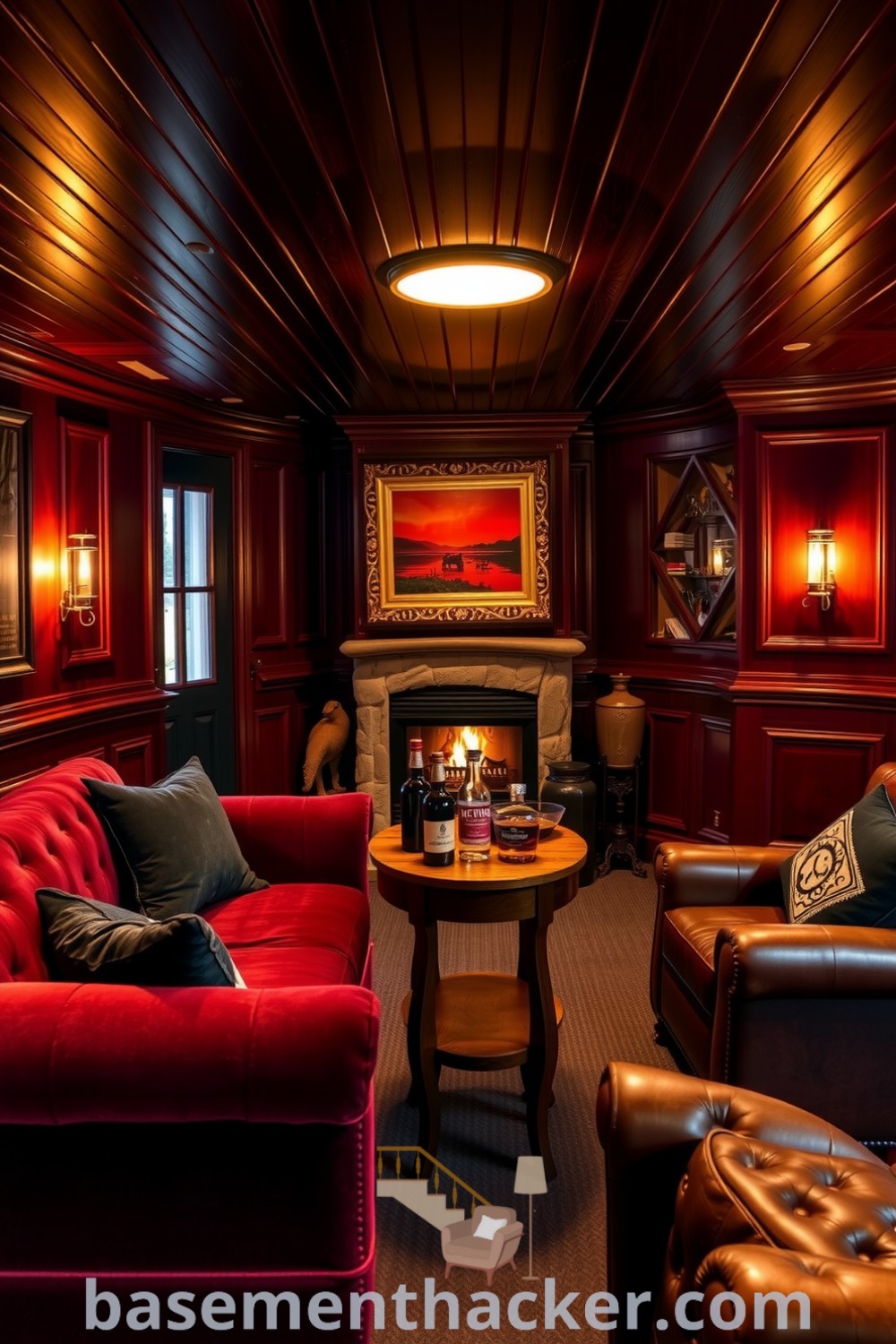 Cozy basement whiskey lounge with mahogany paneling, a plush burgundy sofa, vintage whiskey bottles, and a crackling fireplace, featuring innovative ideas for designing stylish bonus space, showcased on basementhacker.com.