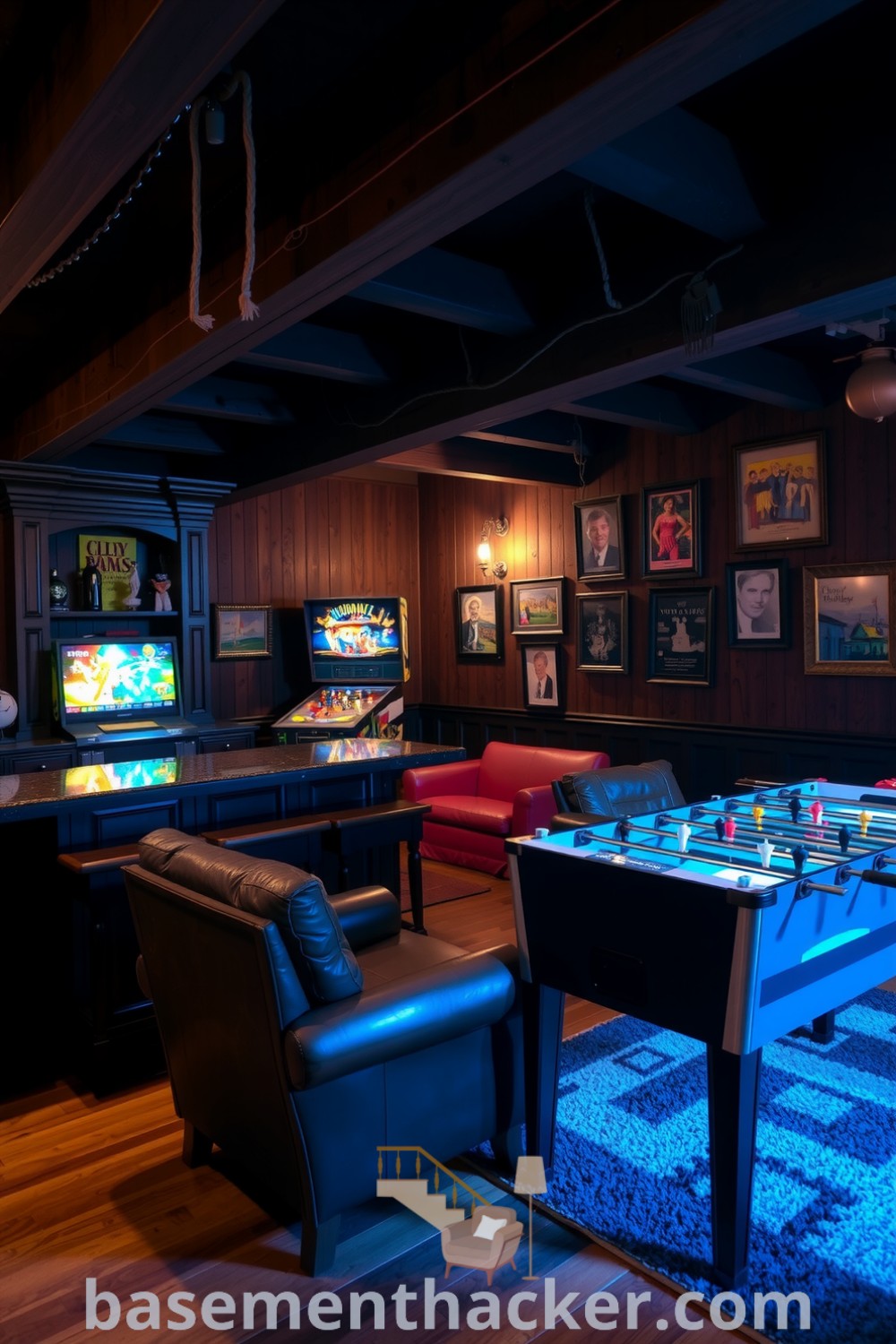 Cozy basement game room featuring an oak bar, leather chairs, vintage pinball machine, and foosball table, perfect for ultimate entertaining and stylish bonus space ideas, showcased on basementhacker.com.