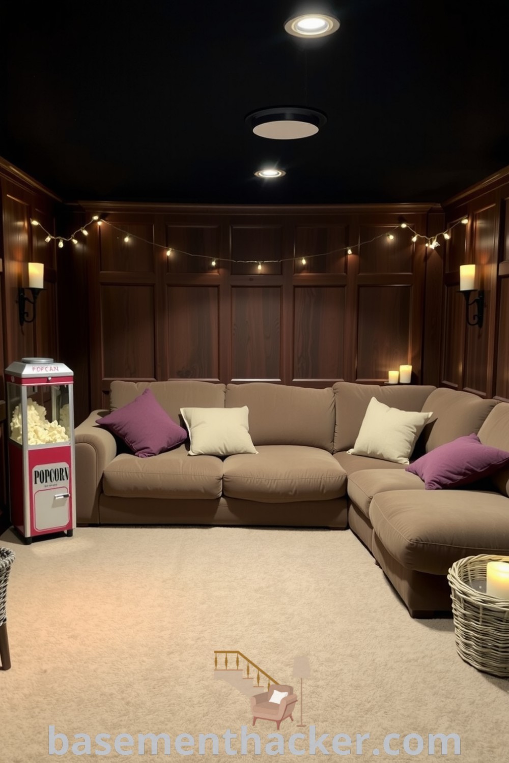 Stylish basement movie room design featuring a plush sectional couch, oversized pillows, vintage popcorn machine, and warm lighting, offering innovative ideas for designing a cozy and organized home space, showcased on basementhacker.com.