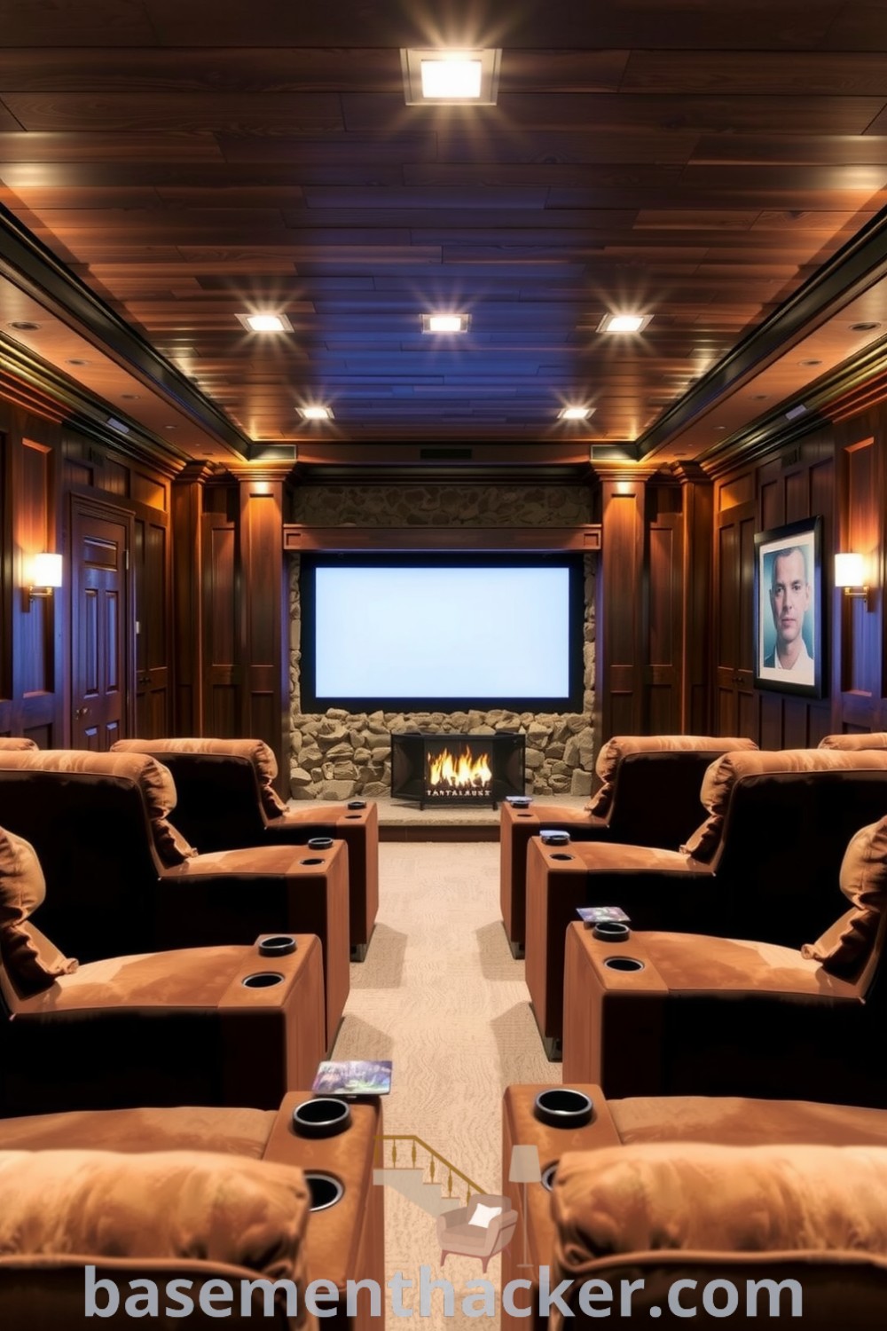 Cozy basement home theater with rich wooden paneling, plush recliners, ambient lighting, and a stone fireplace, providing innovative basement makeover ideas for a stylish and functional home design showcased on basementhacker.com.