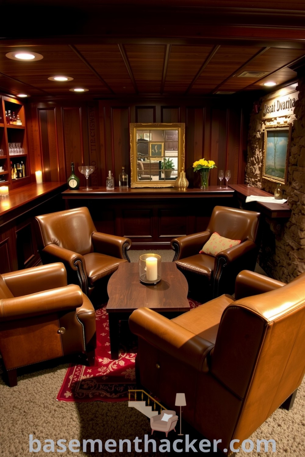 Warm and inviting basement whiskey lounge featuring wooden paneling, leather armchairs, vintage glasses on a mahogany bar, and candlelight for ultimate entertaining, displayed on basementhacker.com.