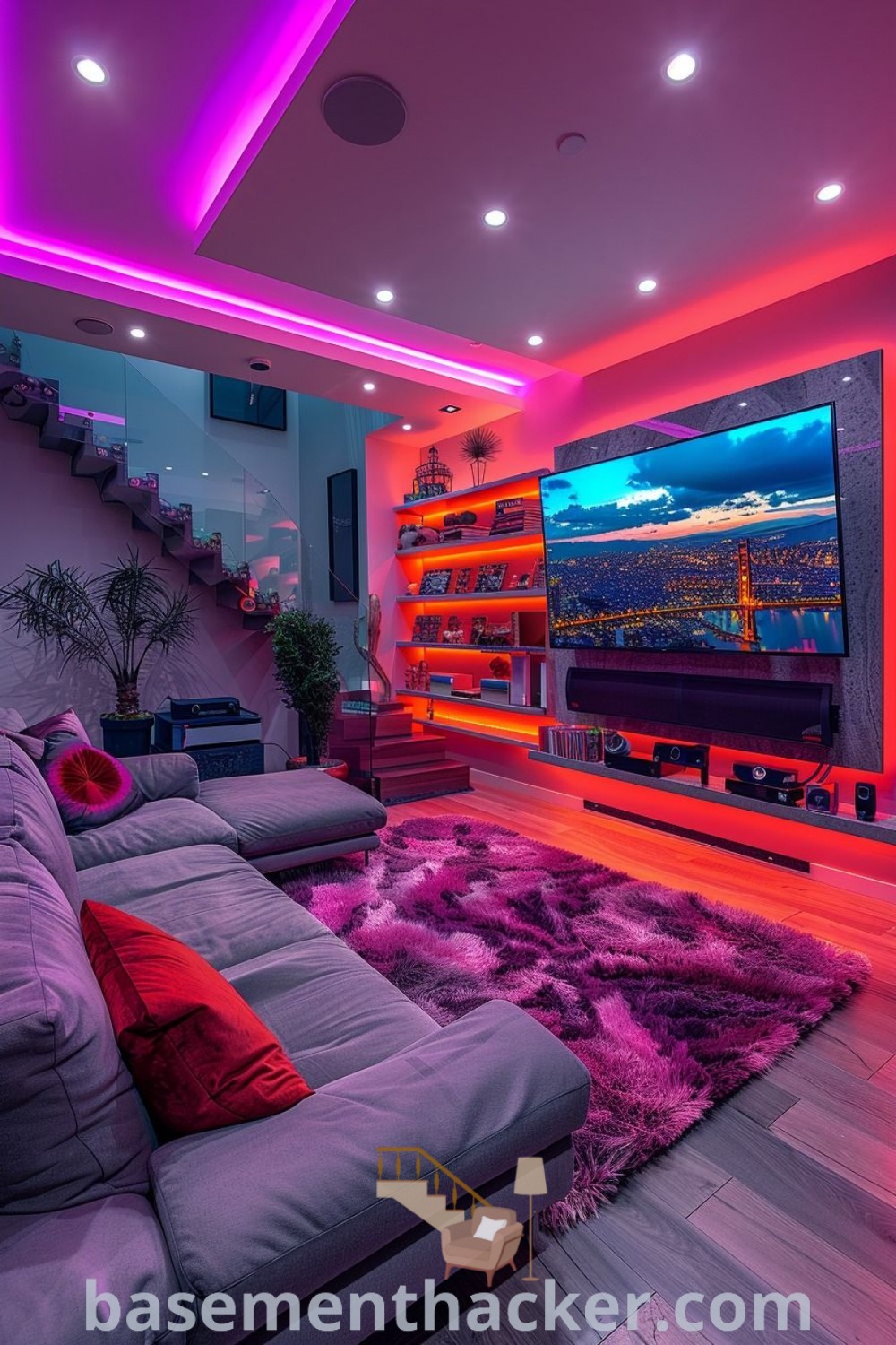 A stylish gaming basement adorned with purple and red lighting, showcasing an impressive gaming setup perfect for a cozy man cave or gaming lounge room. This space offers innovative basement makeover ideas for a stylish and functional home design. Discover more inspiration at basementhacker.com.