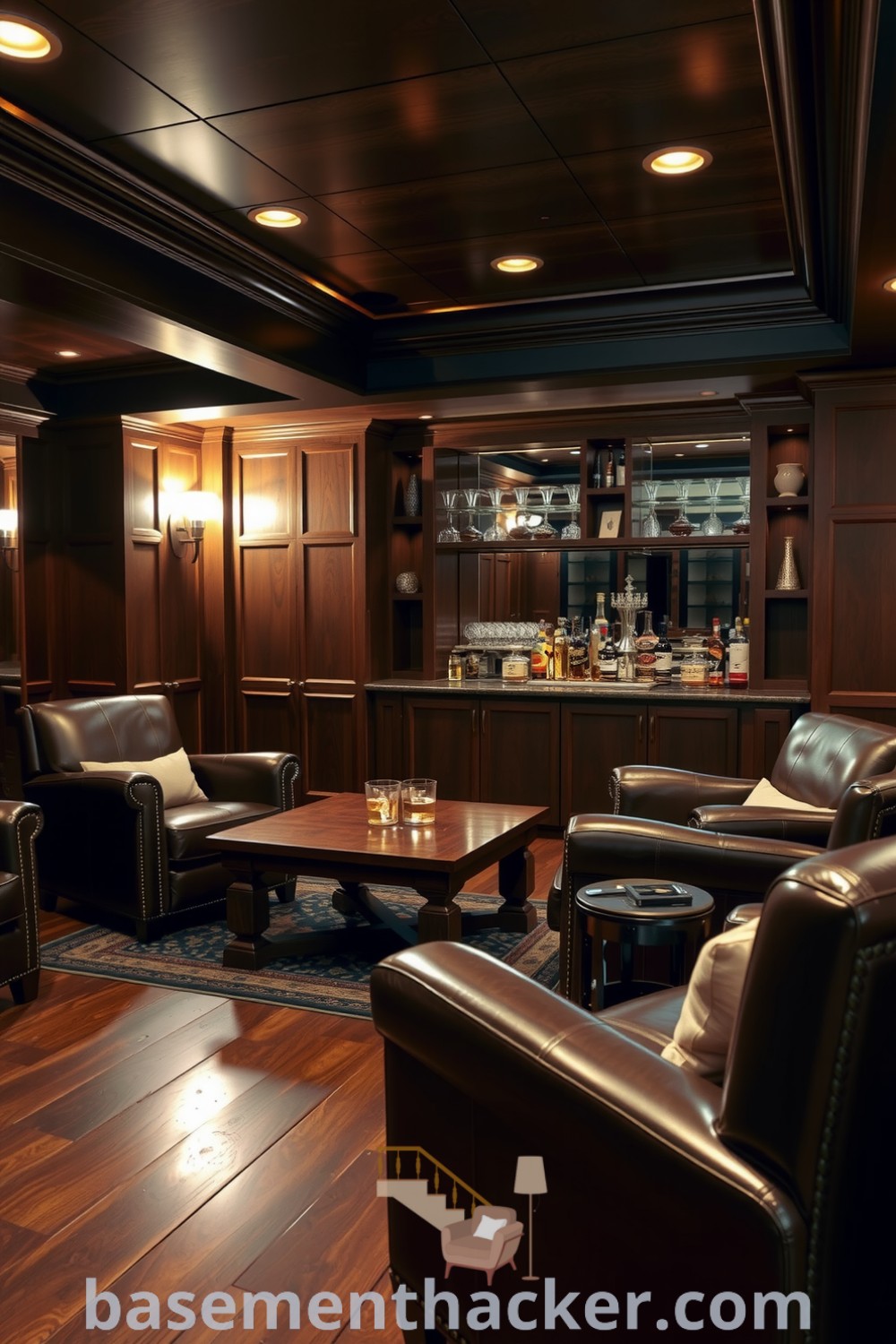 Luxury basement whiskey lounge featuring dark wood paneling, exposed stone accents, plush leather armchairs, and a custom bar with crystal decanters, designed for ultimate entertaining, depicted on basementhacker.com.