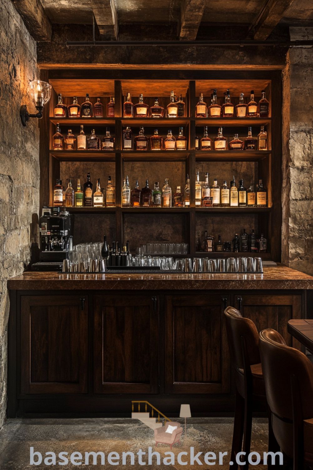 Dimly lit whiskey lounge bar with rich mahogany shelves, worn leather armchairs, and reclaimed wood bar, offering innovative basement makeover ideas for a stunning revamp, depicted on basementhacker.com.