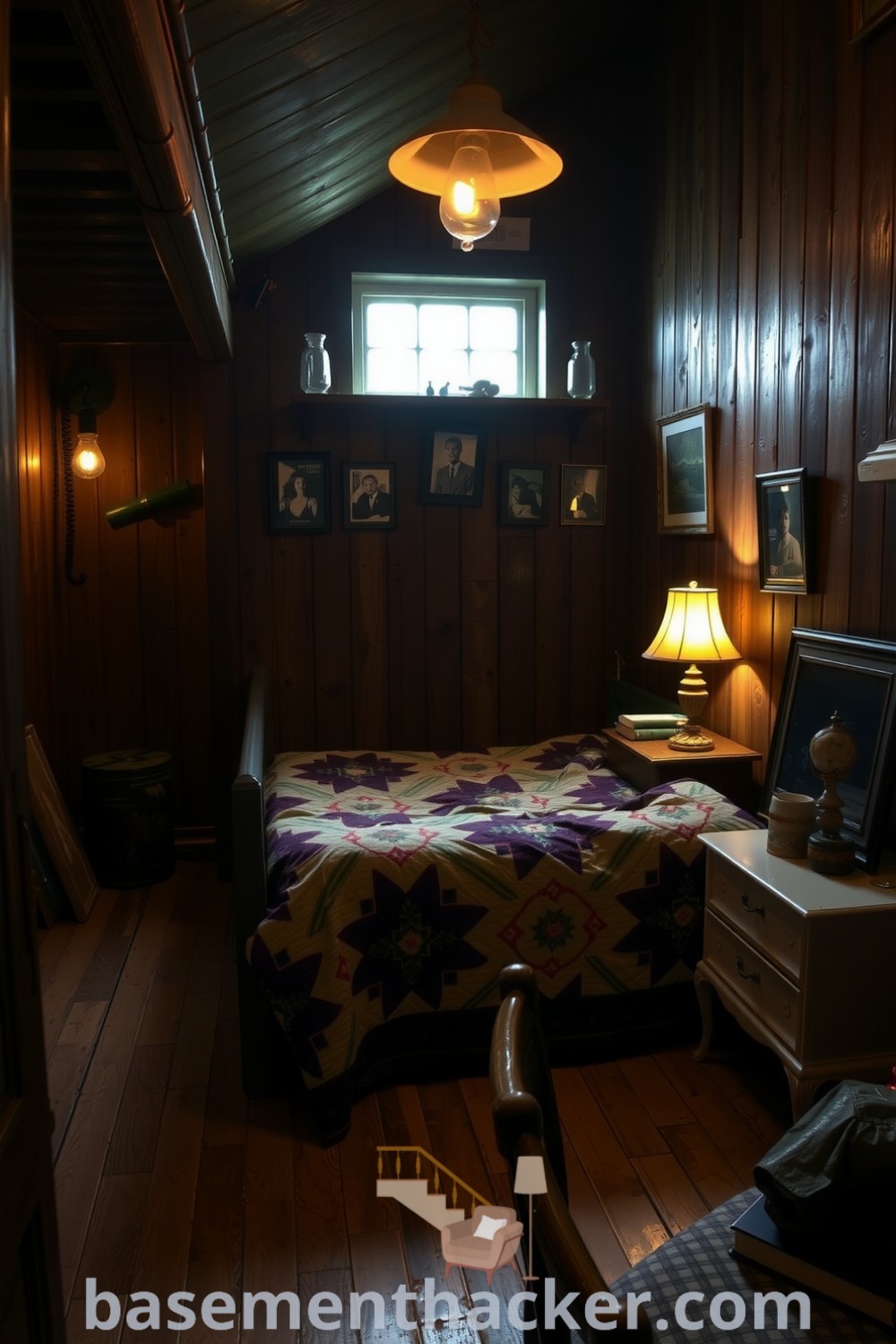 Rustic basement bedroom with wooden paneling, a quilt-covered bed, vintage lamp, and personal touches, creating a cozy retreat, featured on basementhacker.com.