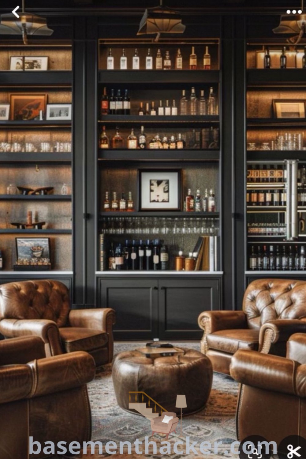 A living room showcasing brown leather furniture and bottles on the wall, exemplifying a stylish gentleman