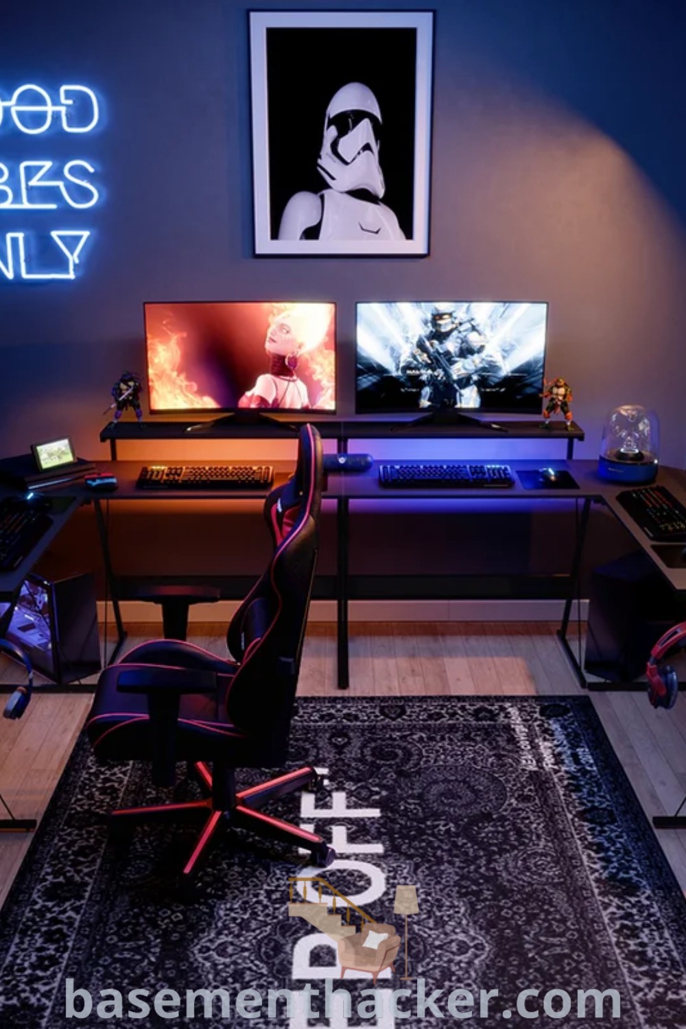 A cozy small gaming room setup featuring two desks, chairs, and decor with the phrase "good vibes only" on the wall. This design incorporates a gaming computer desk, L-shaped corner desk, and personal touches like Twitch logos, creating a functional and inviting space for gaming enthusiasts. Explore more ideas for stylish and functional home decor at basementhacker.com.