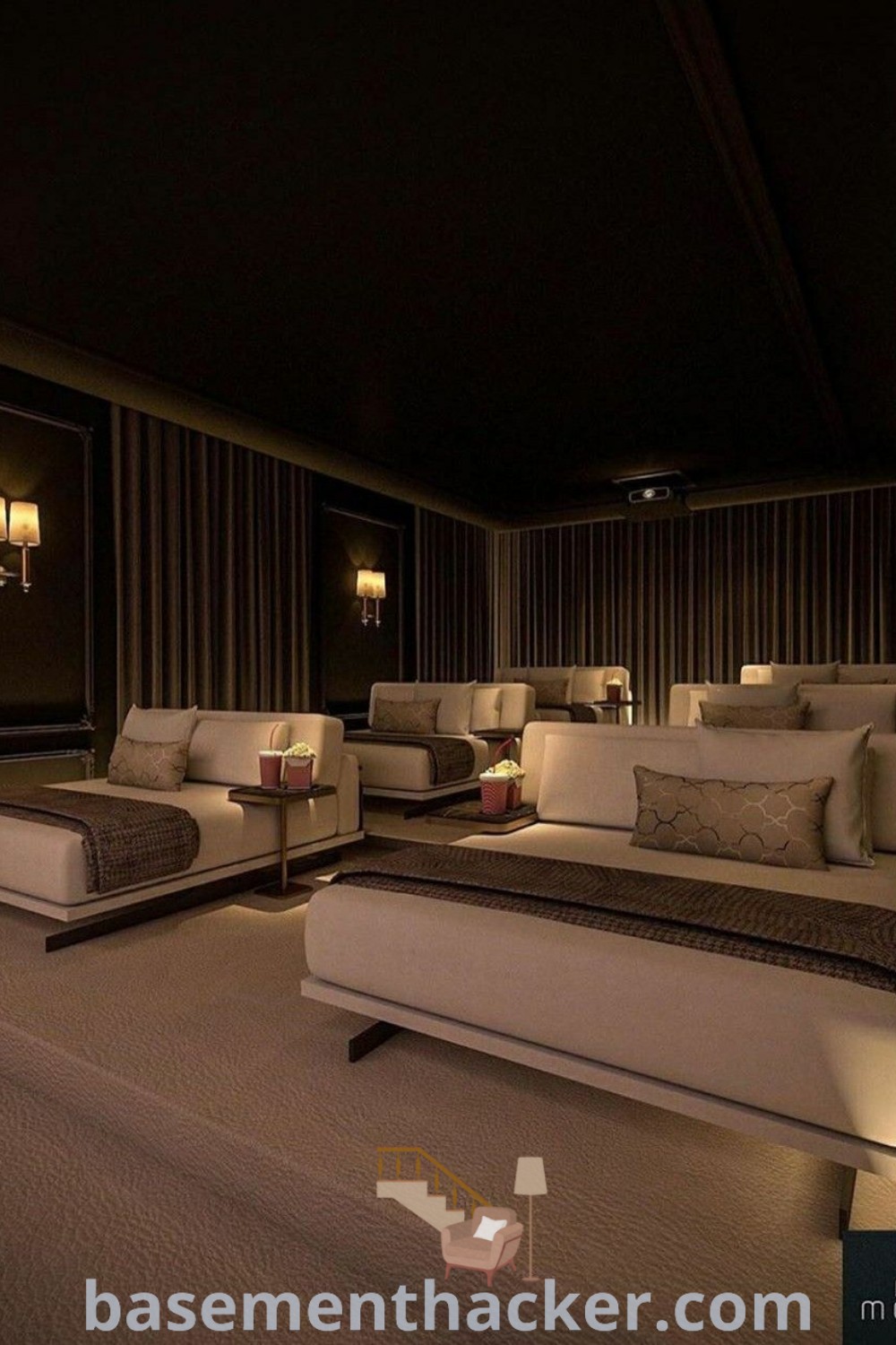 A large and stylish home cinema room with empty couches and decorative lamps on either side of the sofa. It showcases luxury home cinema design ideas that are perfect for small home theaters, offering a cozy atmosphere with functional decor. Visit basementhacker.com for more inspiration on innovative basement makeover ideas.