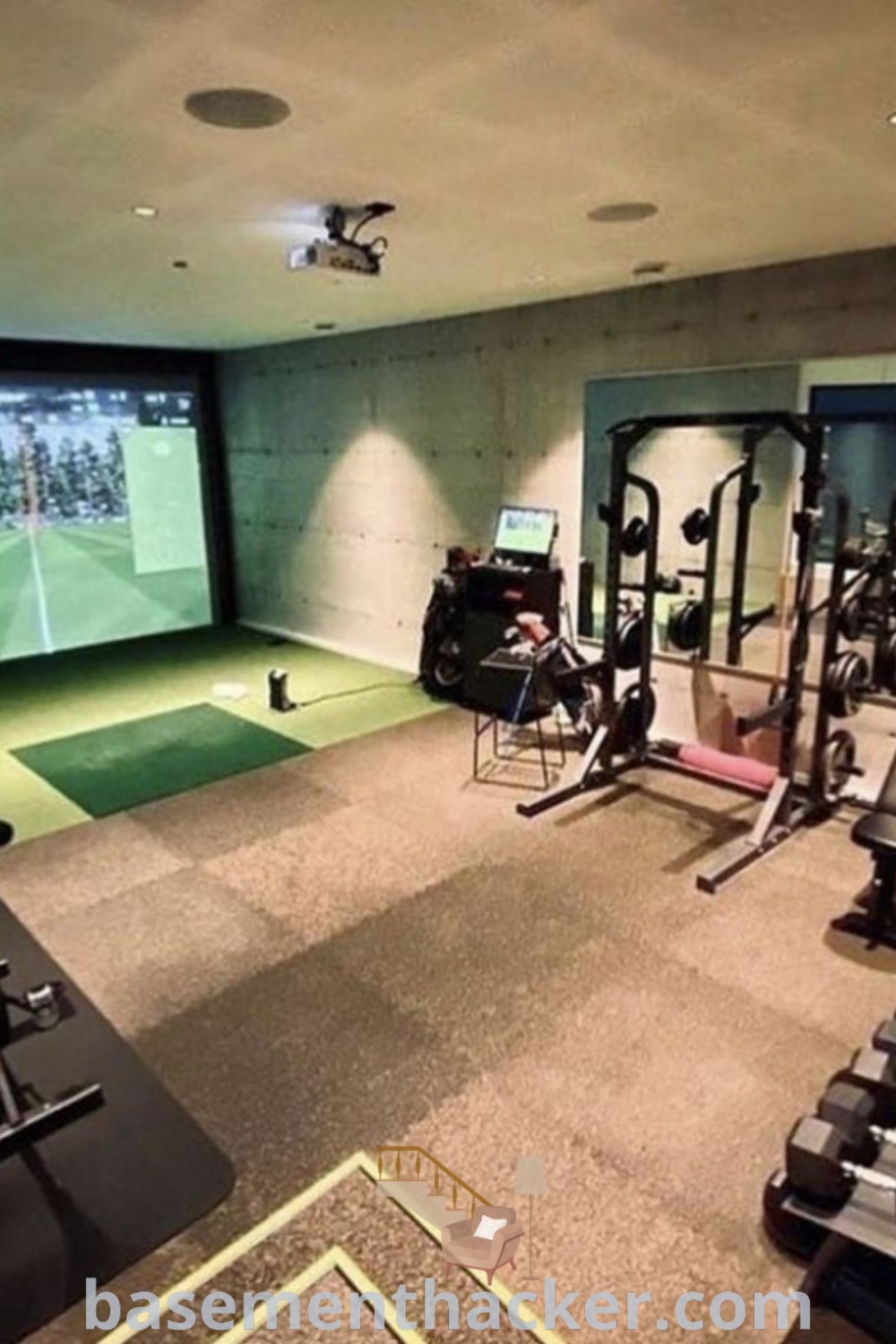An indoor gym showcasing treadmills, exercise machines, and a golf simulator on the wall, designed as a stylish and functional home gym basement. This innovative space is perfect for creating a home golf simulator room where families can enjoy fitness and entertainment. Find more ideas for your basement makeover at basementhacker.com.