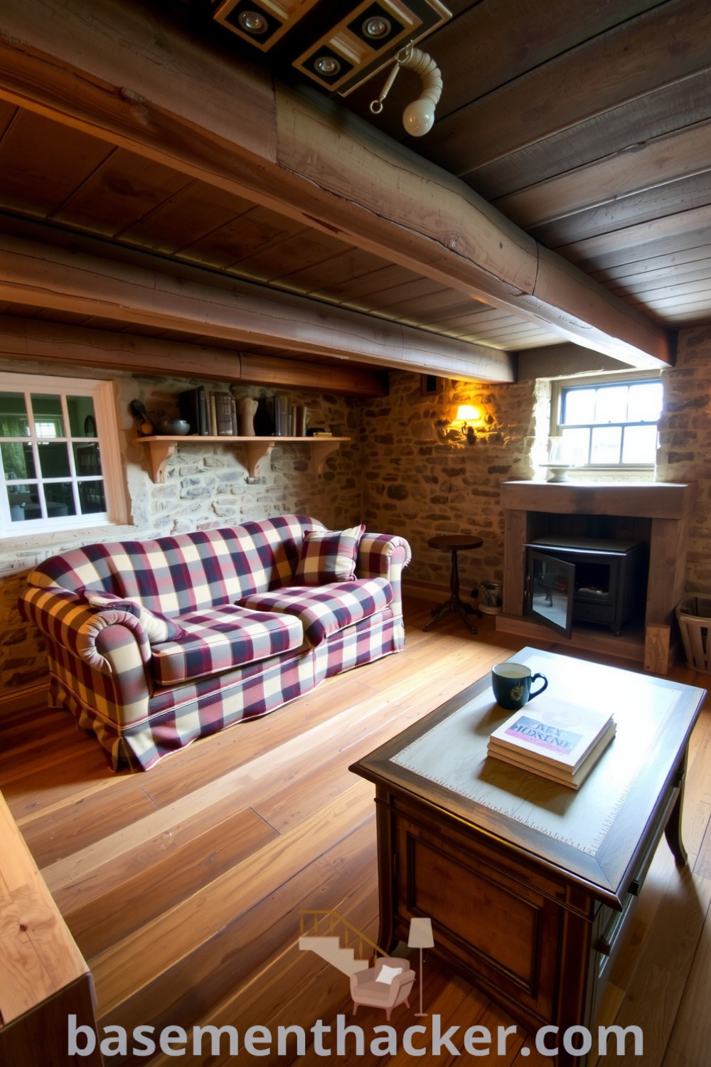 Cozy basement living room with wooden beams, stone walls, overstuffed couch, plaid blanket, and a vintage coffee table, featuring inviting decor and a warm atmosphere for a stylish and functional home design, showcased on basementhacker.com.