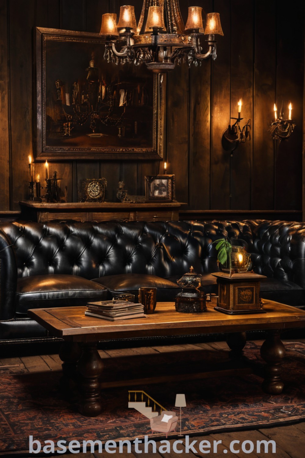 A stylish living room showcasing leather couches and candles on a coffee table, embodying the Gentleman