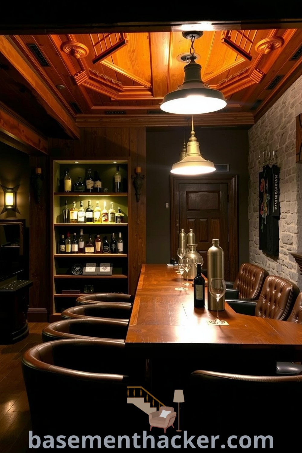 Dimly lit basement whiskey lounge bar with polished wood accents, stone walls, leather armchairs, and a rustic wood bar featuring a collection of whiskey, offering innovative ideas for designing a cozy and organized home space on basementhacker.com.