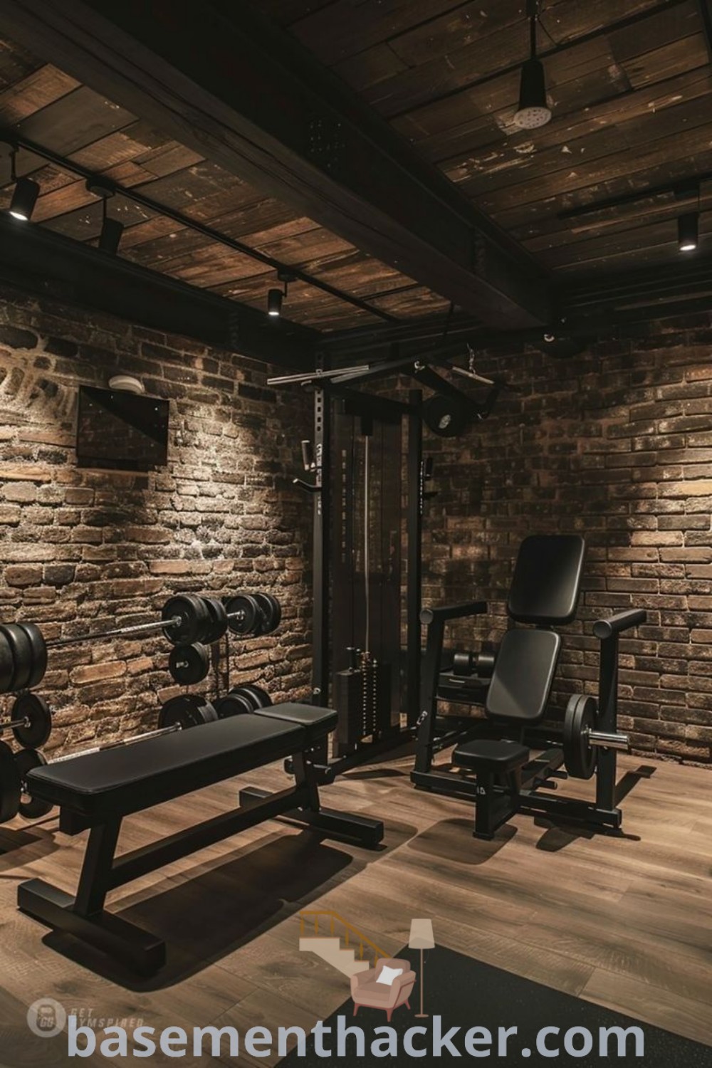 A modern home gym with benches, weights, and dumbbells set against a brick wall, showcasing a blend of style and functionality. Ideal for weight room ideas and basement gym aesthetics, this space offers innovative design ideas for home workouts. Perfect for home gym enthusiasts looking to enhance their spaces, discover more at basementhacker.com.