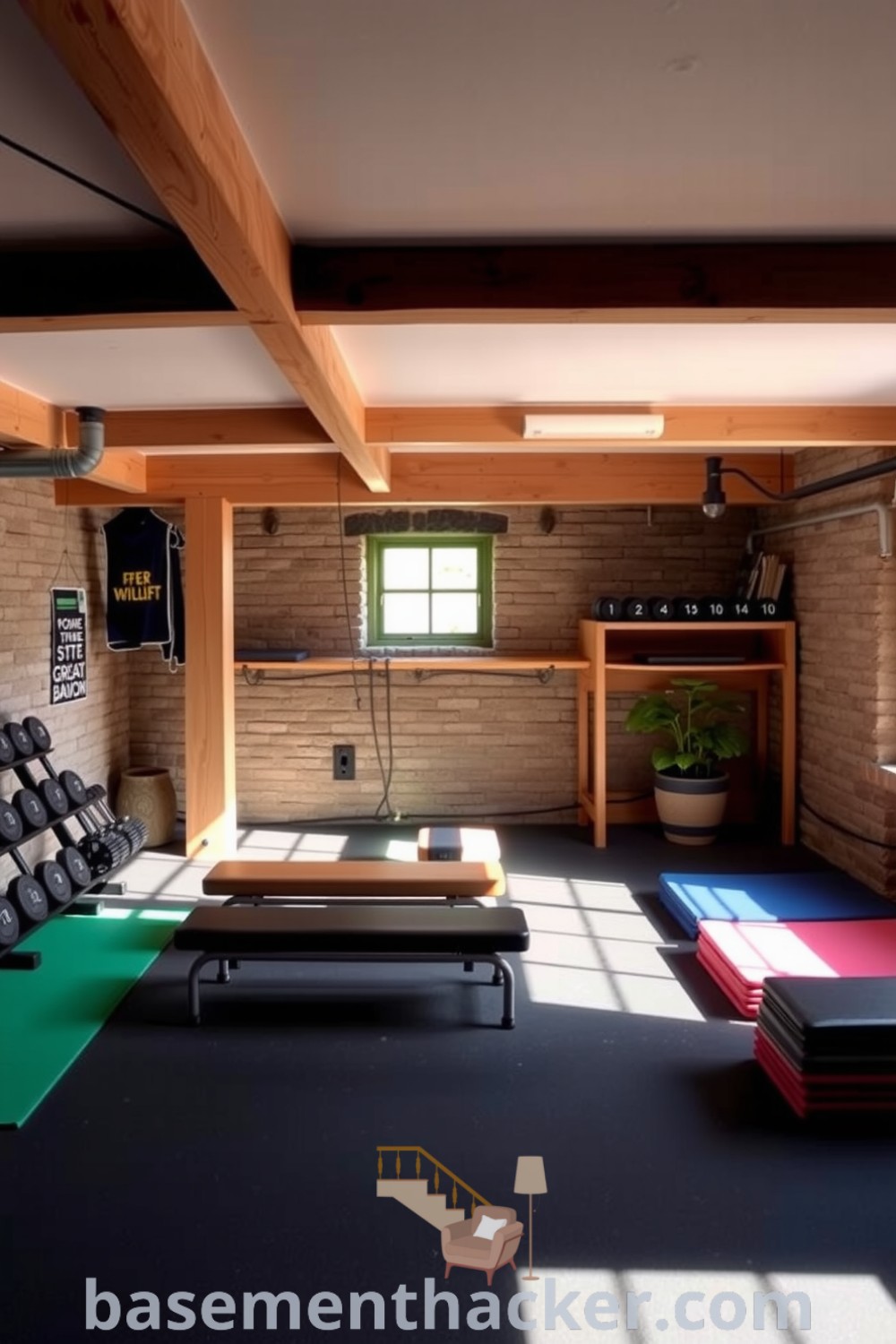 Well-designed basement gym with wooden beams, rubber flooring, colorful exercise mats, and personal decor elements, providing innovative ideas for designing a stylish and functional home gym on basementhacker.com.