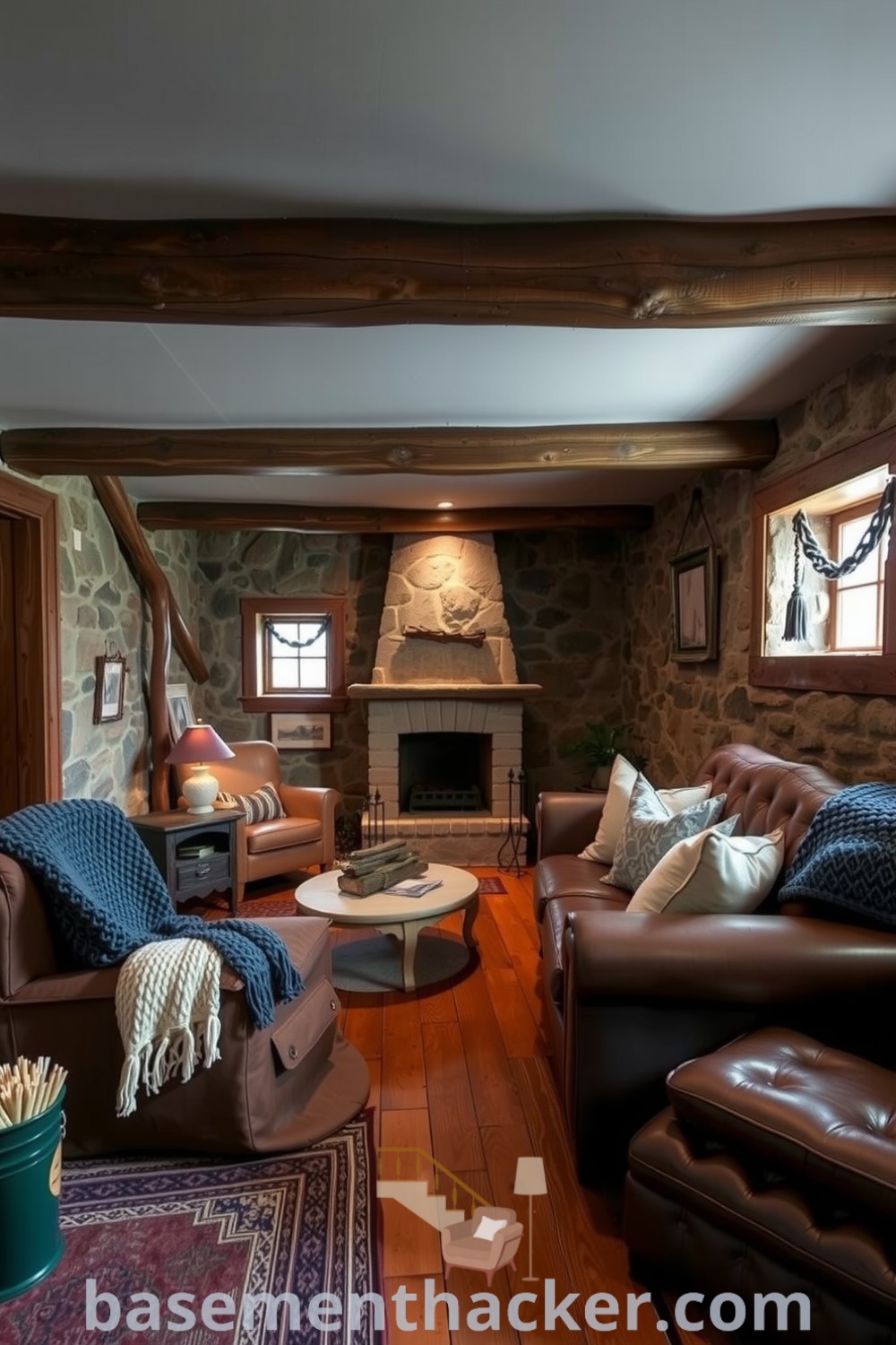 Charming rustic basement living room featuring exposed wooden beams, stone walls, a leather sofa with throw blankets, and a cozy fireplace, offering innovative ideas for a stylish and functional home design on basementhacker.com.