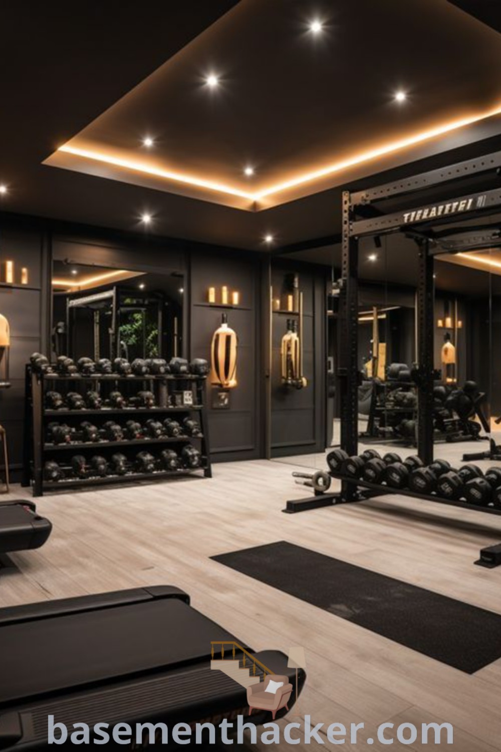 A large gym with rows of exercise equipment showcasing innovative ideas for designing a home gym space. This inspiring environment blends functionality with aesthetic appeal, highlighting solutions for a basement gym, home gym inspiration, and stylish bonus room design ideas for families. For more insights, visit basementhacker.com.