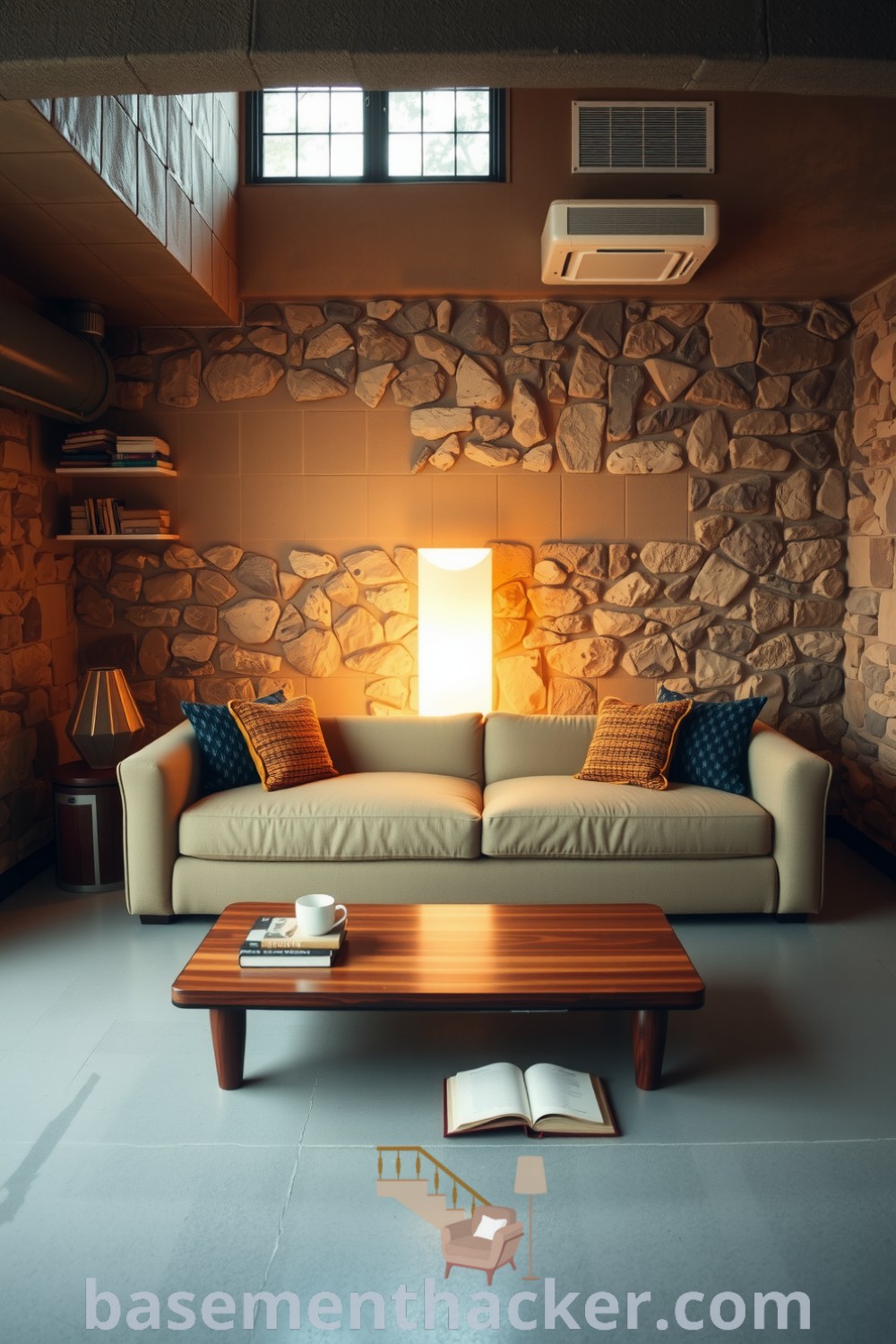 Cozy basement living room featuring an oversized couch, textured pillows, exposed stone walls, and warm lighting, designed for a stylish and functional home, showcased on basementhacker.com.