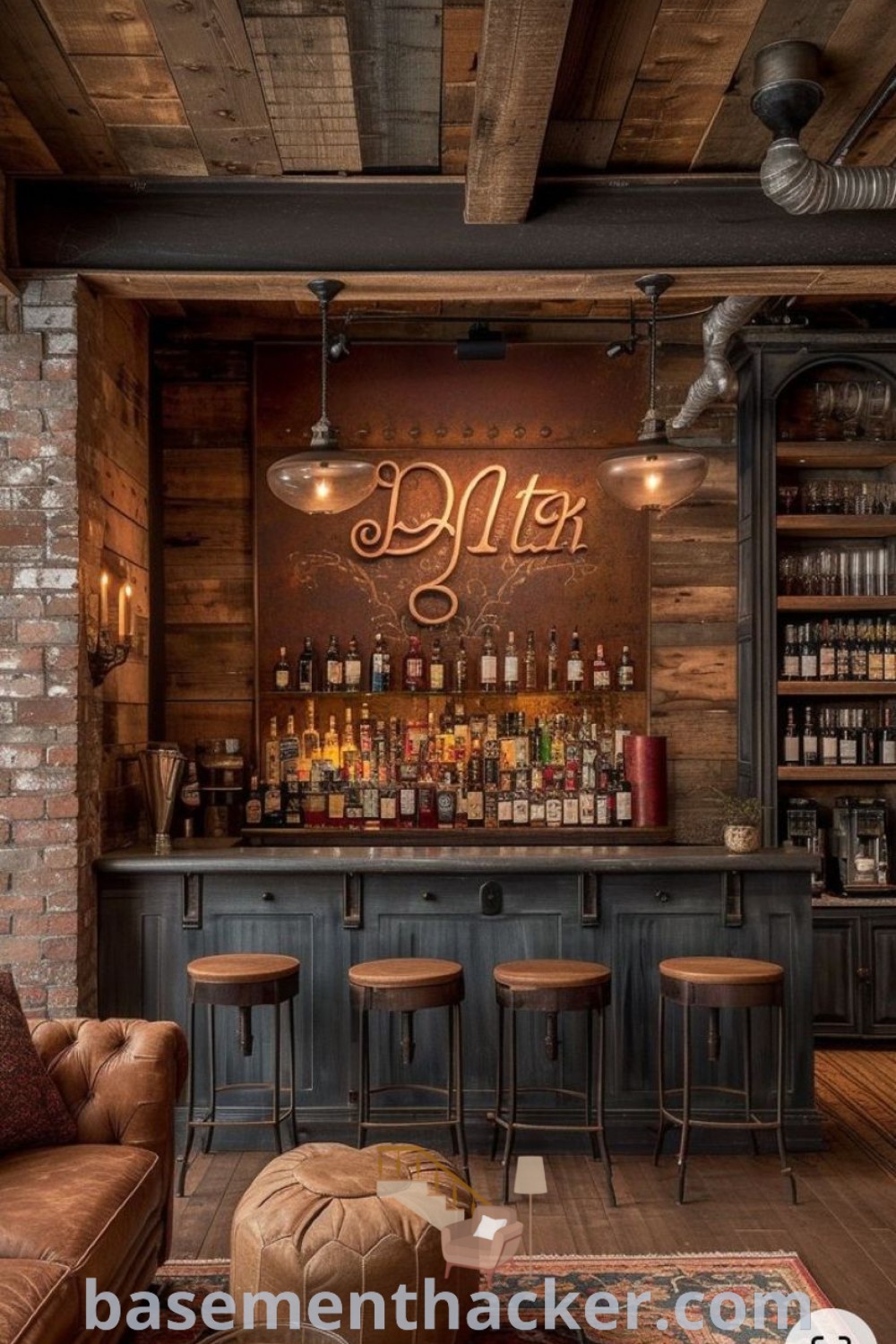 An interior view of a stylish bar with stools and tables, designed for ultimate entertaining with a speakeasy aesthetic and rustic details, showcasing innovative ideas for an at-home whiskey bar or man cave coffee bar. Find more design inspiration at basementhacker.com.