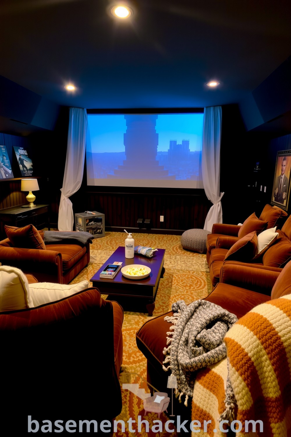 Warm and inviting basement cinema with plush seating, textured coffee table, and ambient lighting, ideal for ultimate entertaining, showcased on basementhacker.com.