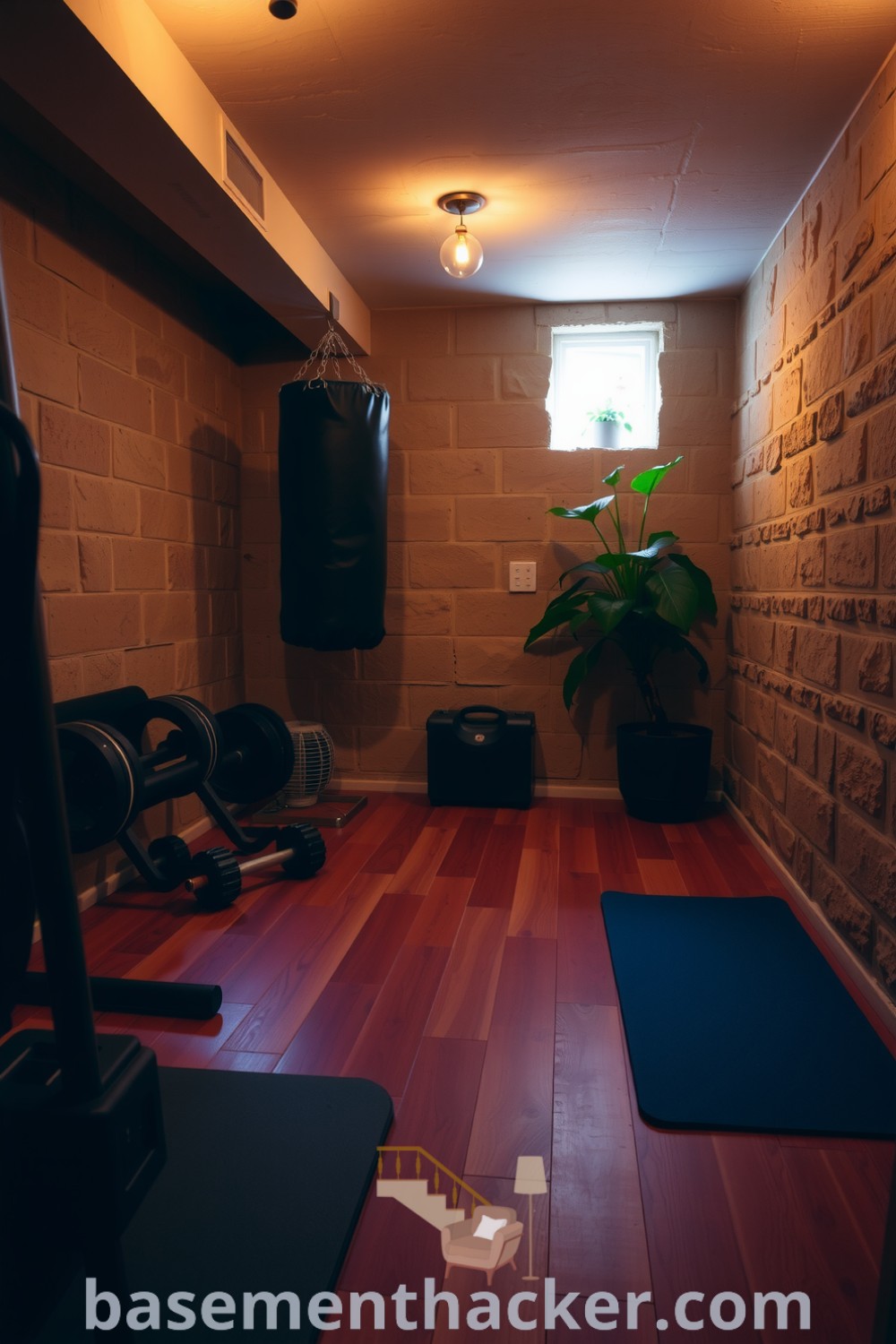 Warm basement fitness room featuring wooden floorboards, stone walls, exercise equipment, a punching bag, and potted plants, designed for comfort and motivation, showcased on basementhacker.com.