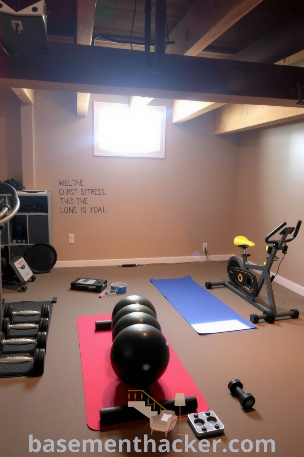 Cozy home fitness room in a basement featuring wooden beams, exercise equipment like dumbbells and a stationary bike, illuminated by natural light and decorated with motivational quotes, ideal for a stylish and functional home design, showcased on basementhacker.com.