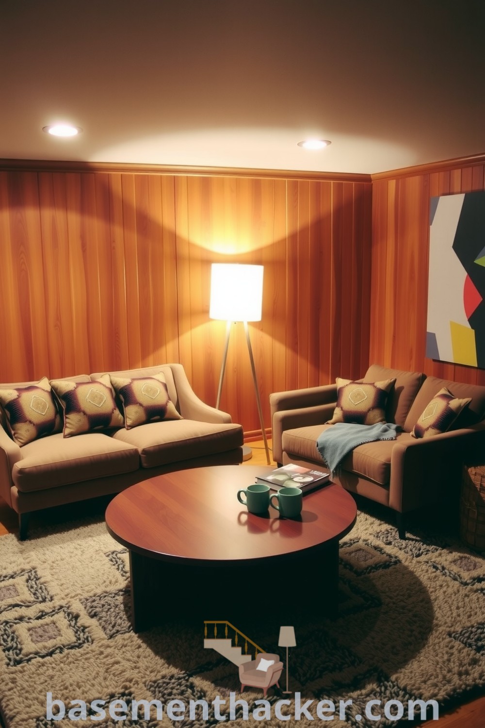 Cozy Mid-Century Modern basement living room with wooden paneling, a plush sofa with geometric cushions, a walnut coffee table, and soft lighting, designed for stylish bonus room ideas, showcased on basementhacker.com.