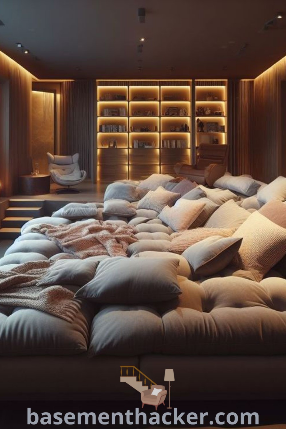 A spacious home theater room featuring a large couch with many pillows in front of a television screen and stylish bookshelves. This innovative design offers a cozy and organized home cinema experience, perfect for ultimate entertaining. Explore more amazing basement design ideas at basementhacker.com.