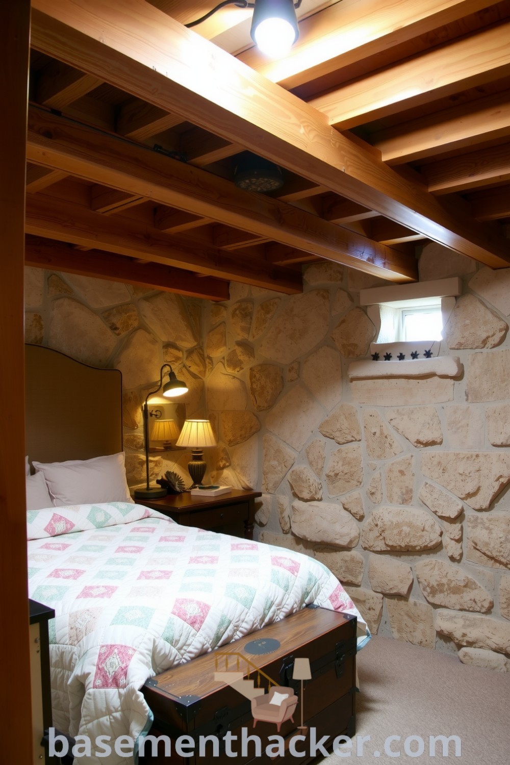 Charming basement bedroom featuring rustic wooden beams, a quilted pastel bedspread, vintage trunk, and limestone walls, creating an inviting atmosphere for a cozy and organized home design, showcased on basementhacker.com.