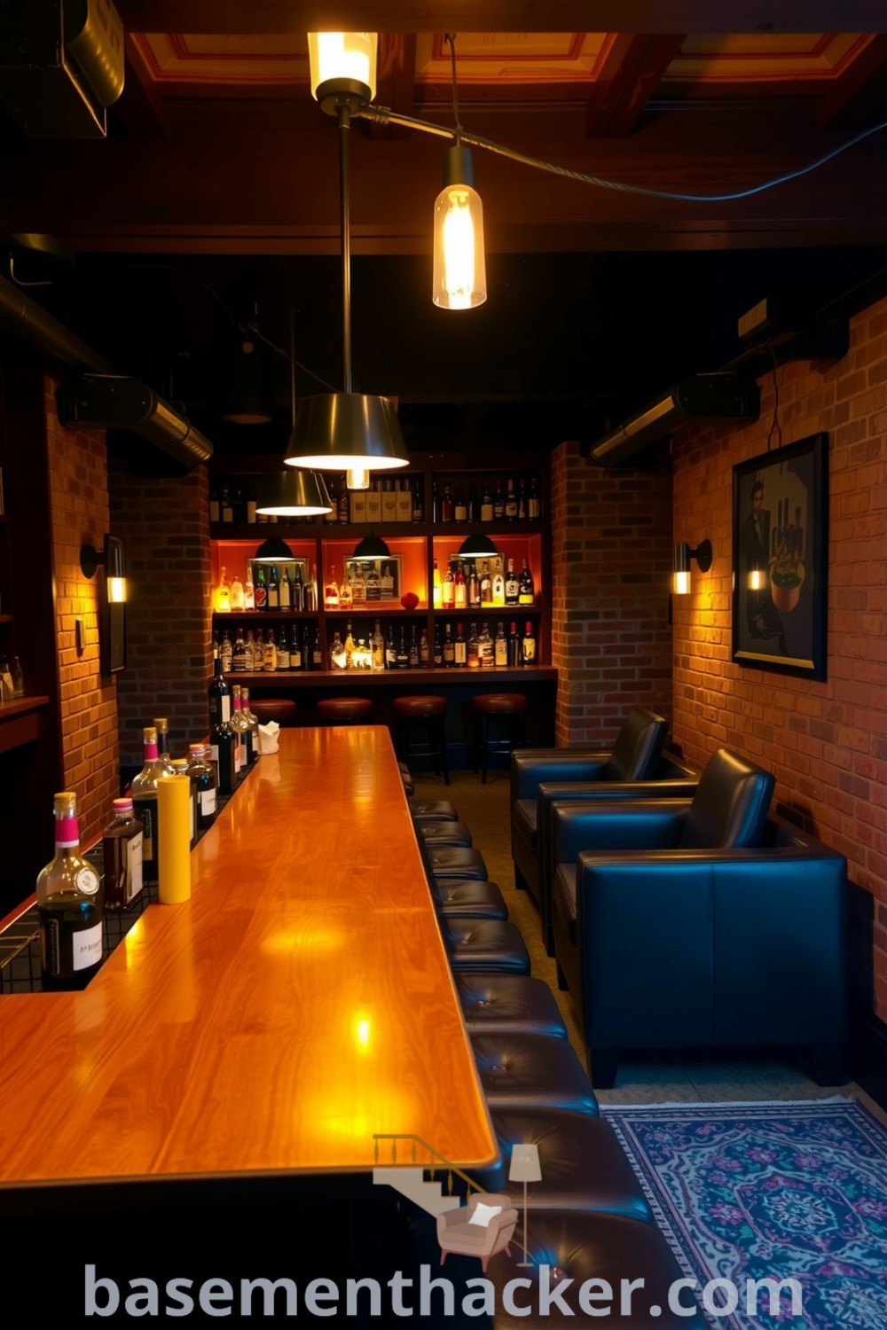 Elegant basement whiskey lounge with exposed brick walls, reclaimed wood beams, a polished oak bar, and cozy leather armchairs, designed for ultimate entertaining, featured on basementhacker.com.