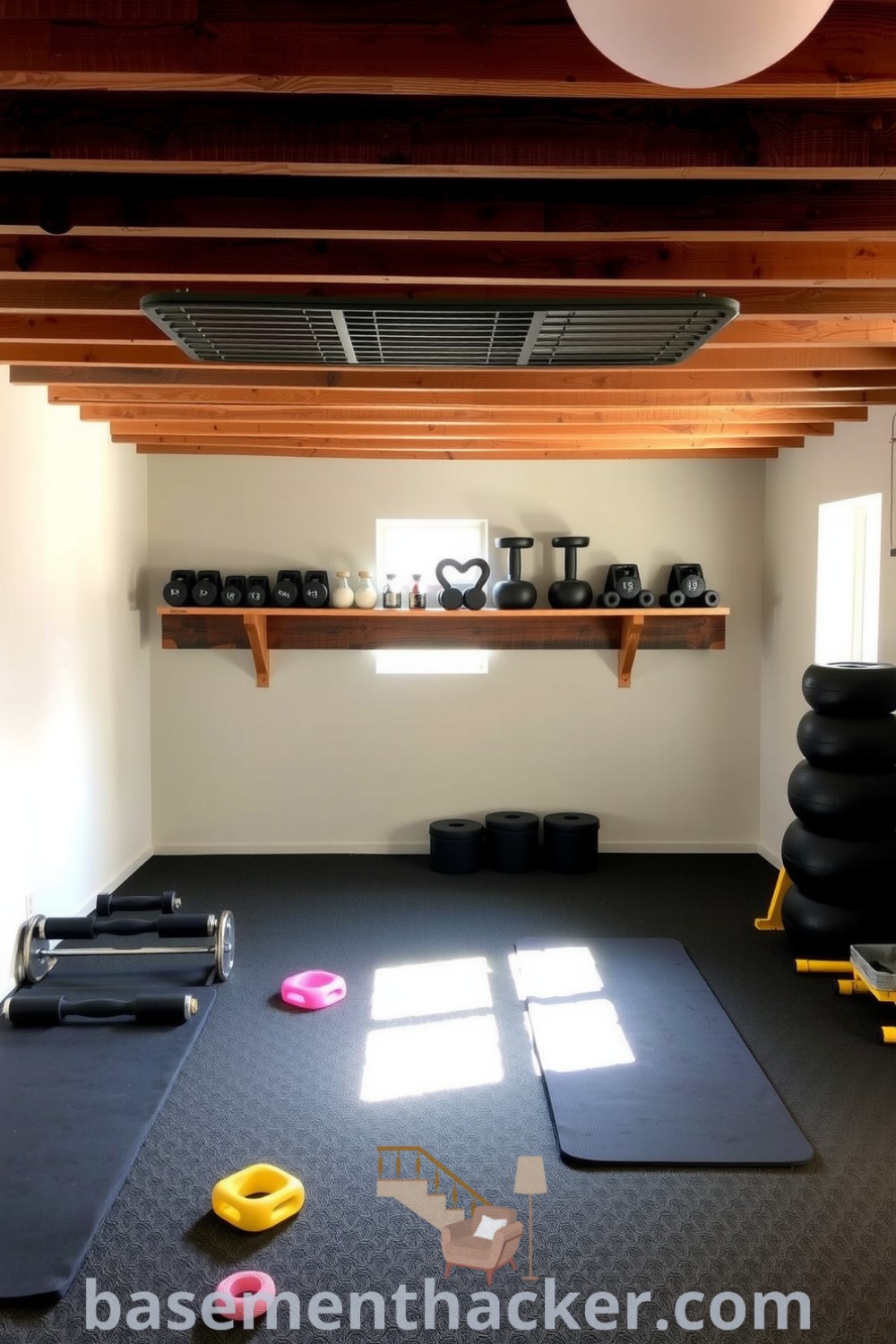 Basement gym room featuring rubber flooring, exposed wooden beams, a collection of free weights on a wooden shelf, and exercise mats with soft daylight, ideal for innovative basement makeover ideas for a stylish bonus space, found on basementhacker.com.