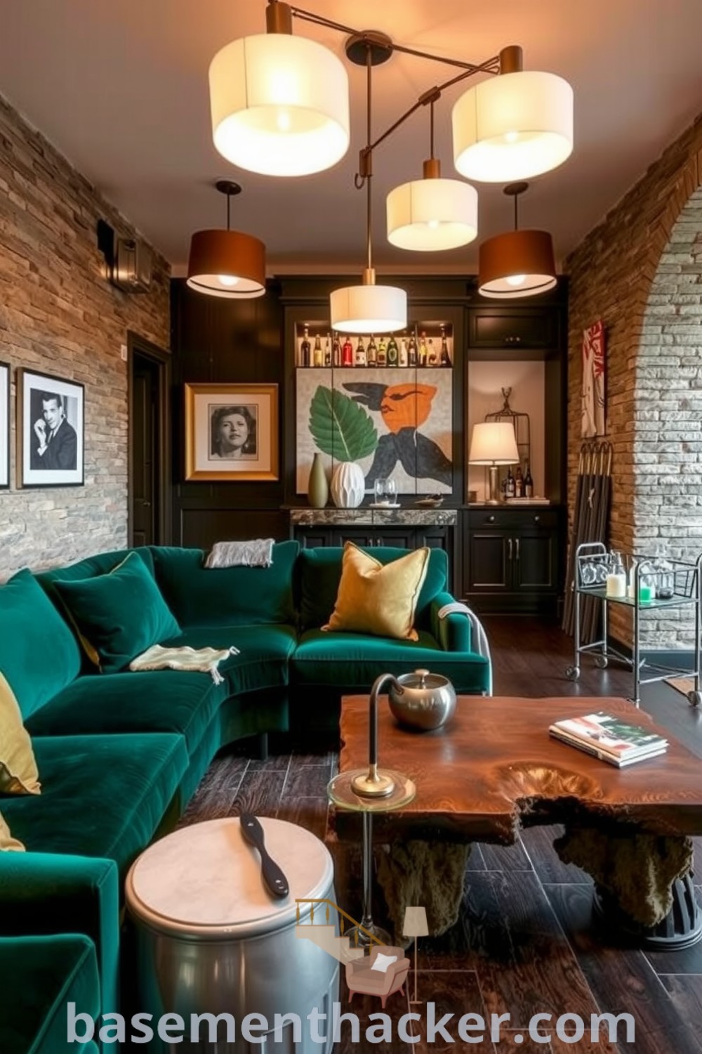 Luxurious basement living room with a deep emerald green velvet sofa, rustic wooden coffee table, sleek pendant lamps, and art pieces on stone walls, offering innovative ideas for designing and ultimate entertaining at basementhacker.com.