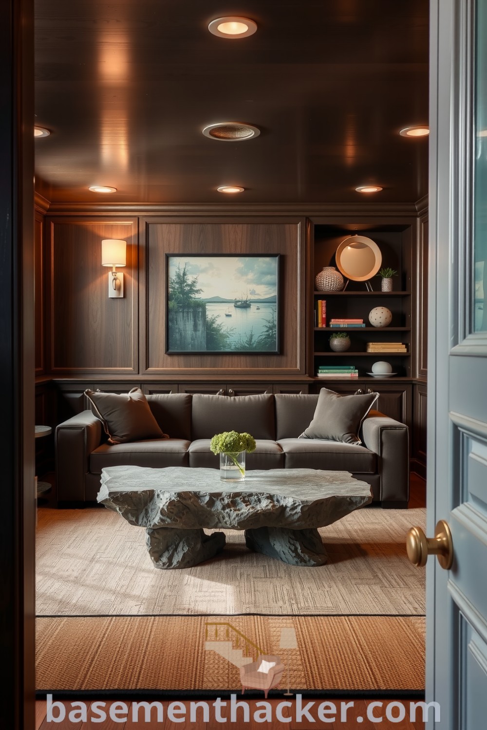 Sophisticated luxury basement living room featuring dark wood paneling, plush velvet sofa, and stone coffee table, illuminated by diffused lighting, perfect for ultimate entertaining, showcased on basementhacker.com.