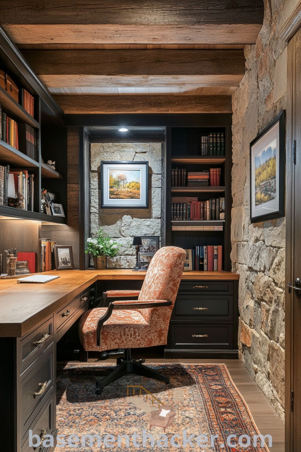 Warm and inviting basement office featuring oak desk, exposed wooden beams, stone walls, and a comfortable armchair for a cozy and organized home, highlighted on basementhacker.com.