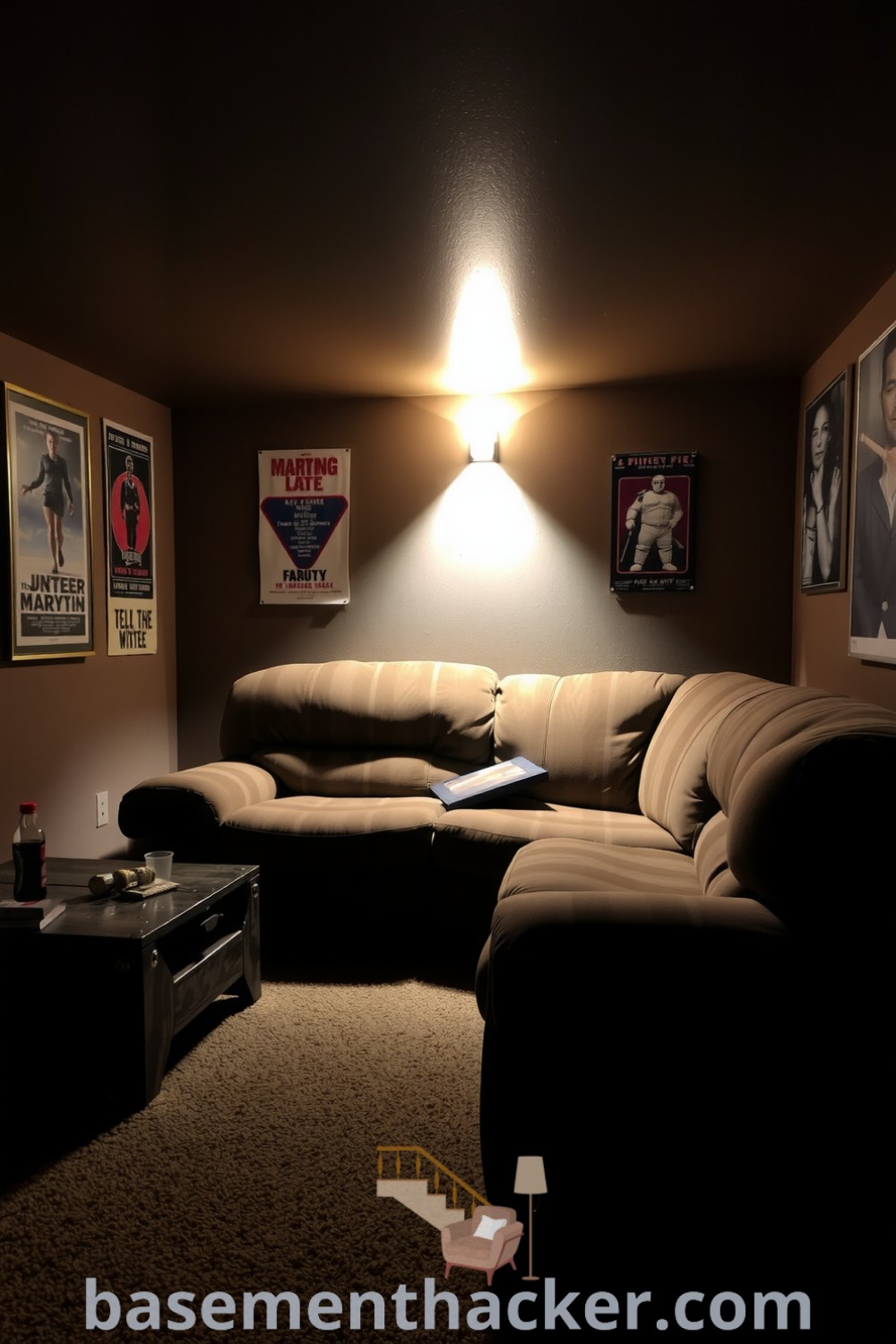 Cozy basement movie lounge with an oversized couch, vintage posters, ambient lighting, and a rustic coffee table full of snacks, designed for ultimate entertaining, featured on basementhacker.com.