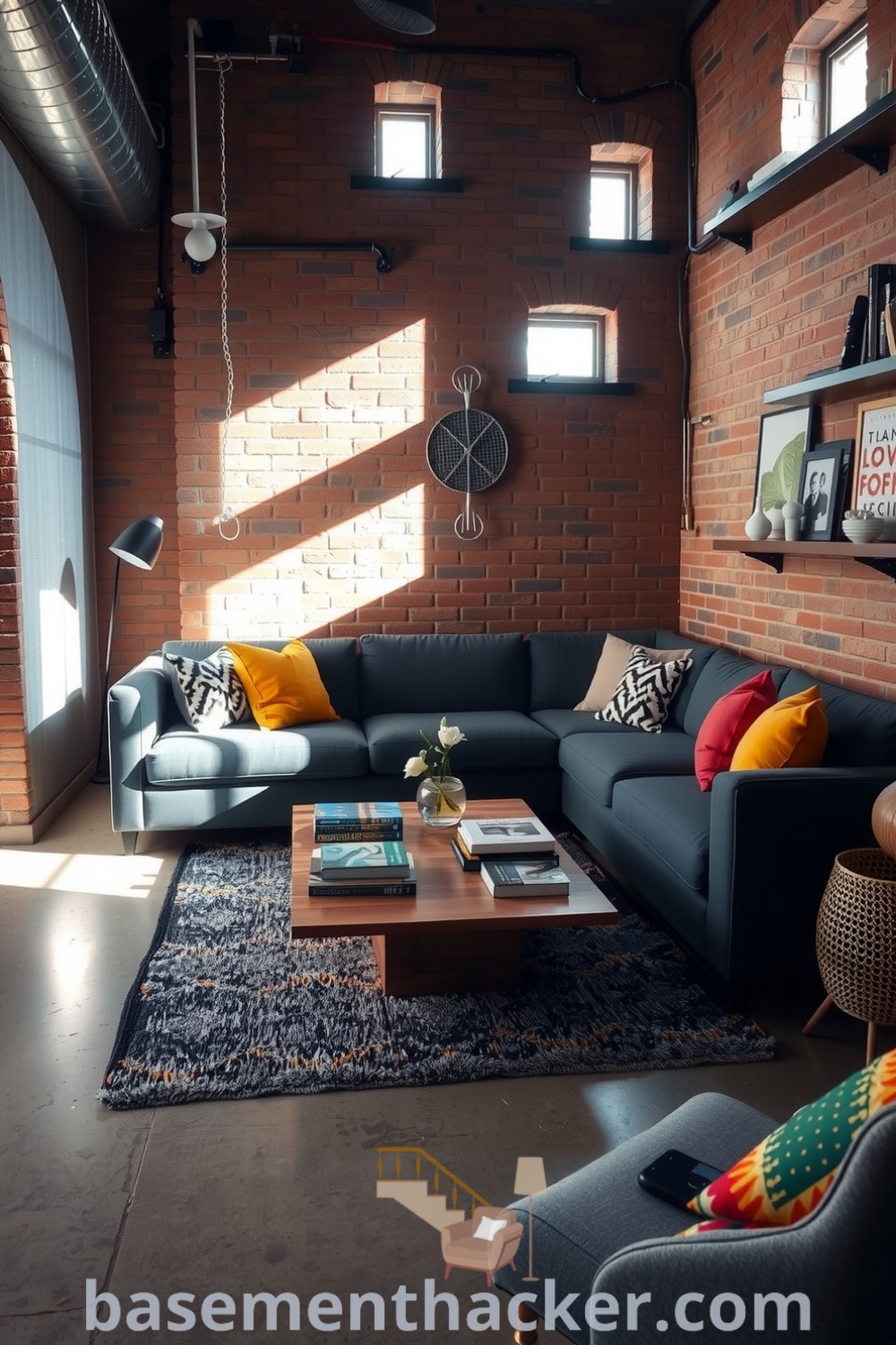 Elegant basement living room with a grey sofa, colorful pillows, exposed brick walls, natural light, polished concrete floor, and eclectic decor for innovative basement makeover ideas and stylish bonus space showcased on basementhacker.com.