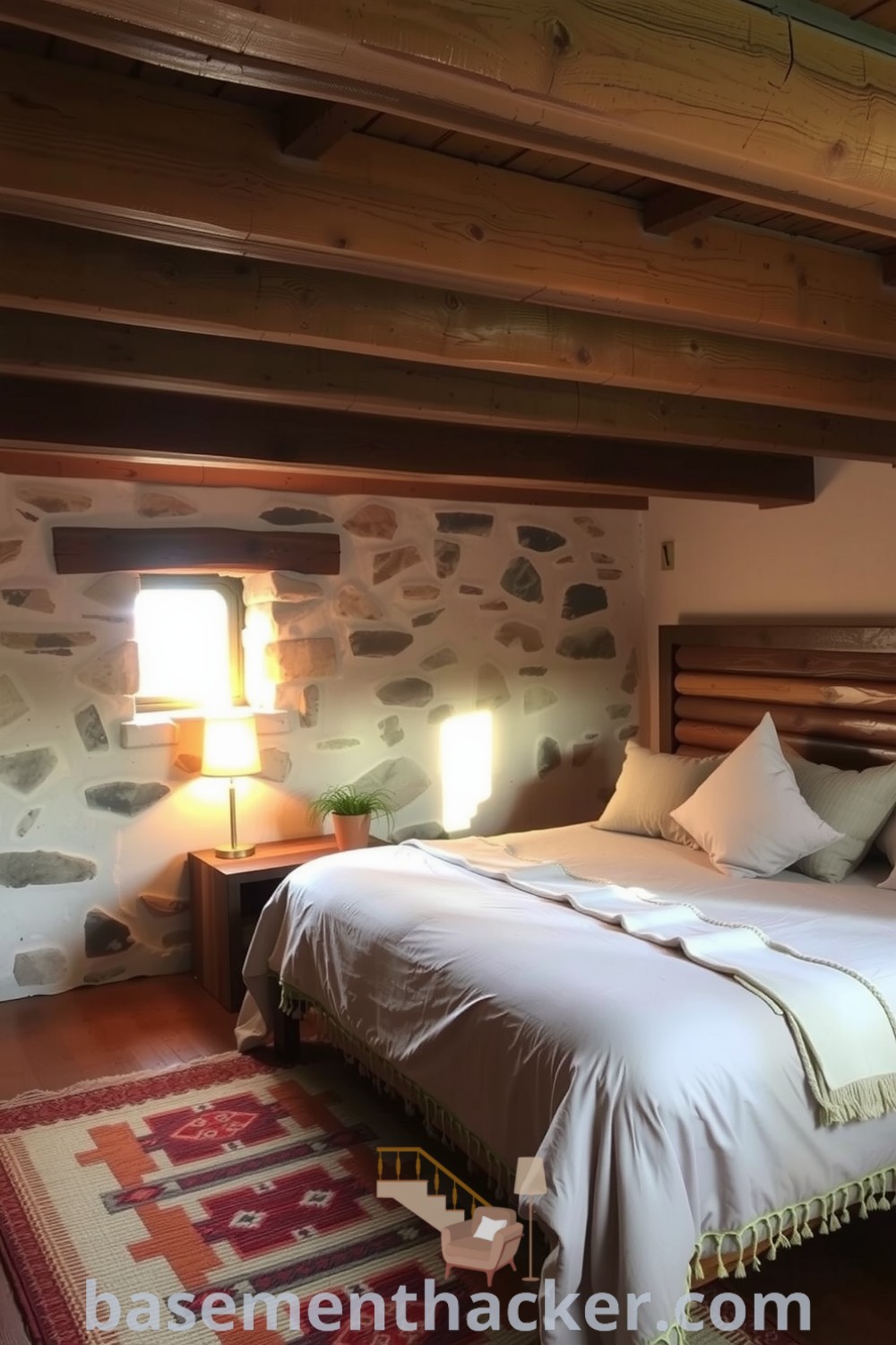 Cozy basement bedroom with exposed wooden beams, plush oversized bed, and reclaimed wood nightstand, illuminated by warm light, perfect for relaxation and reading, featured on basementhacker.com.