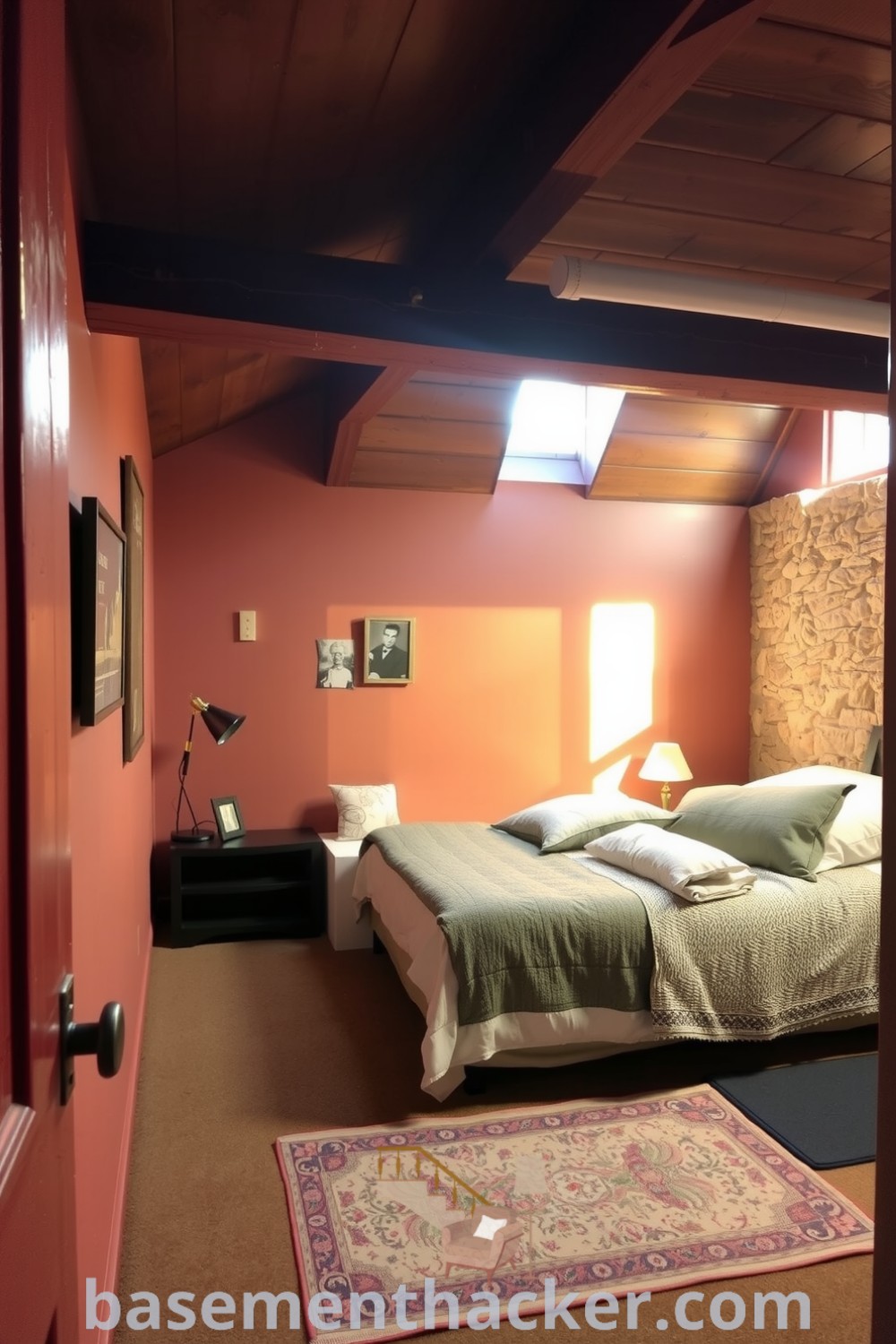 A cozy basement bedroom with a queen-sized bed, warm earth-tone decor, wooden beams, and small windows, designed for ultimate relaxation and comfort, featured on basementhacker.com.