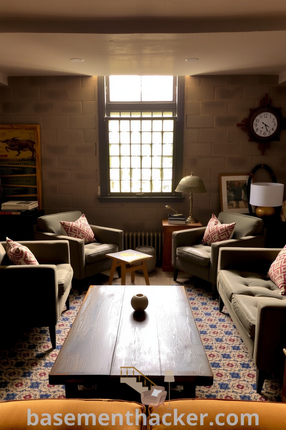 Cozy basement living room featuring mid-century modern furnishings, walnut coffee table, plush armchairs, and vintage decor, perfect for stylish and functional home design showcased on basementhacker.com.